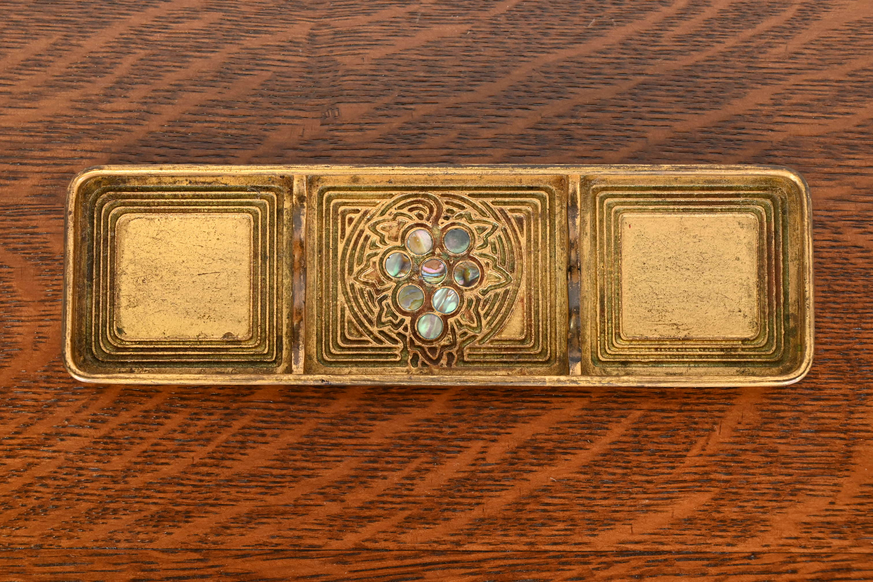 Tiffany Studios New York Bronze Doré and Abalone Pen Tray