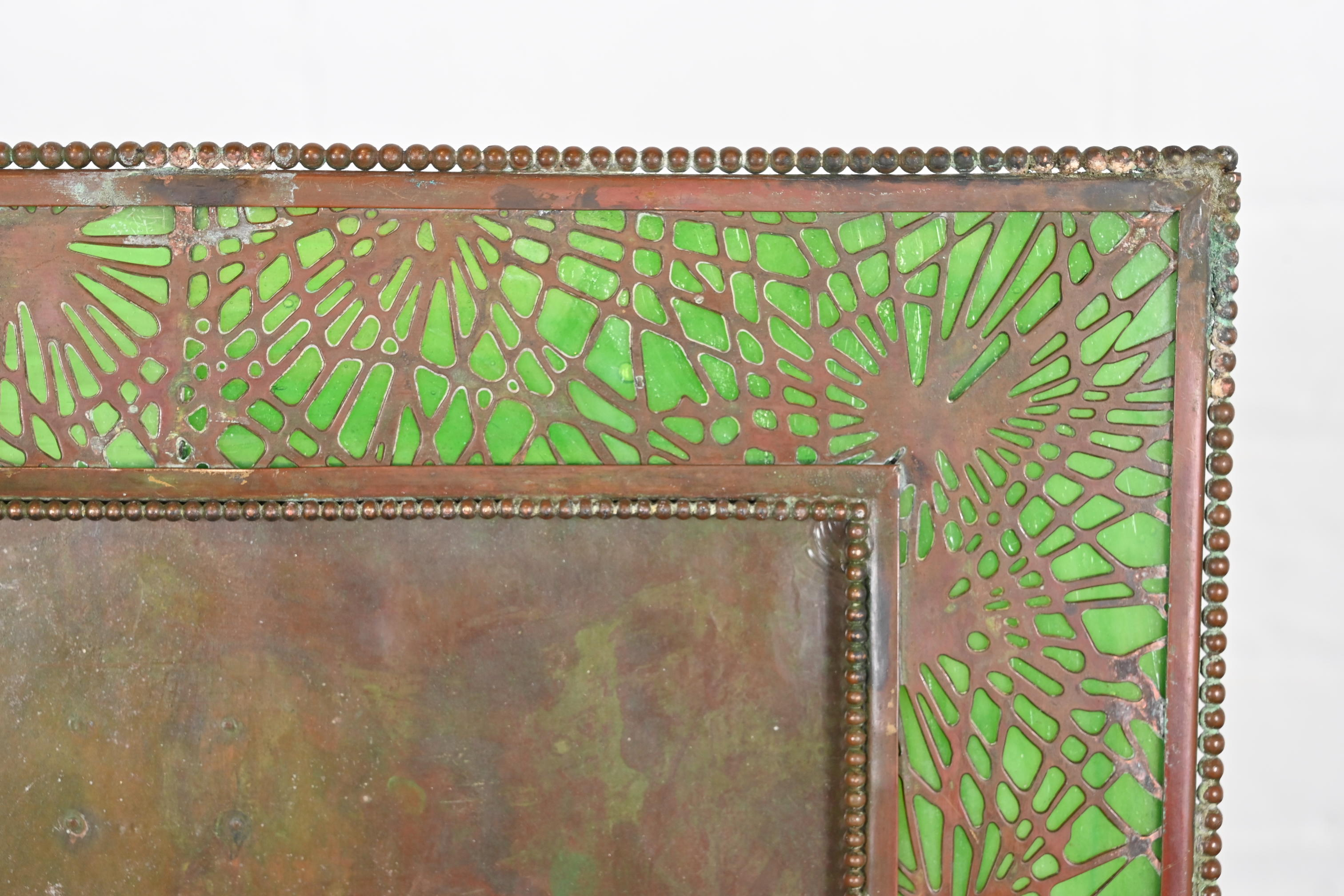 Tiffany Studios New York Pine Needle Bronze and Green Slag Glass Large Picture Frame, Circa 1910 - Image 6