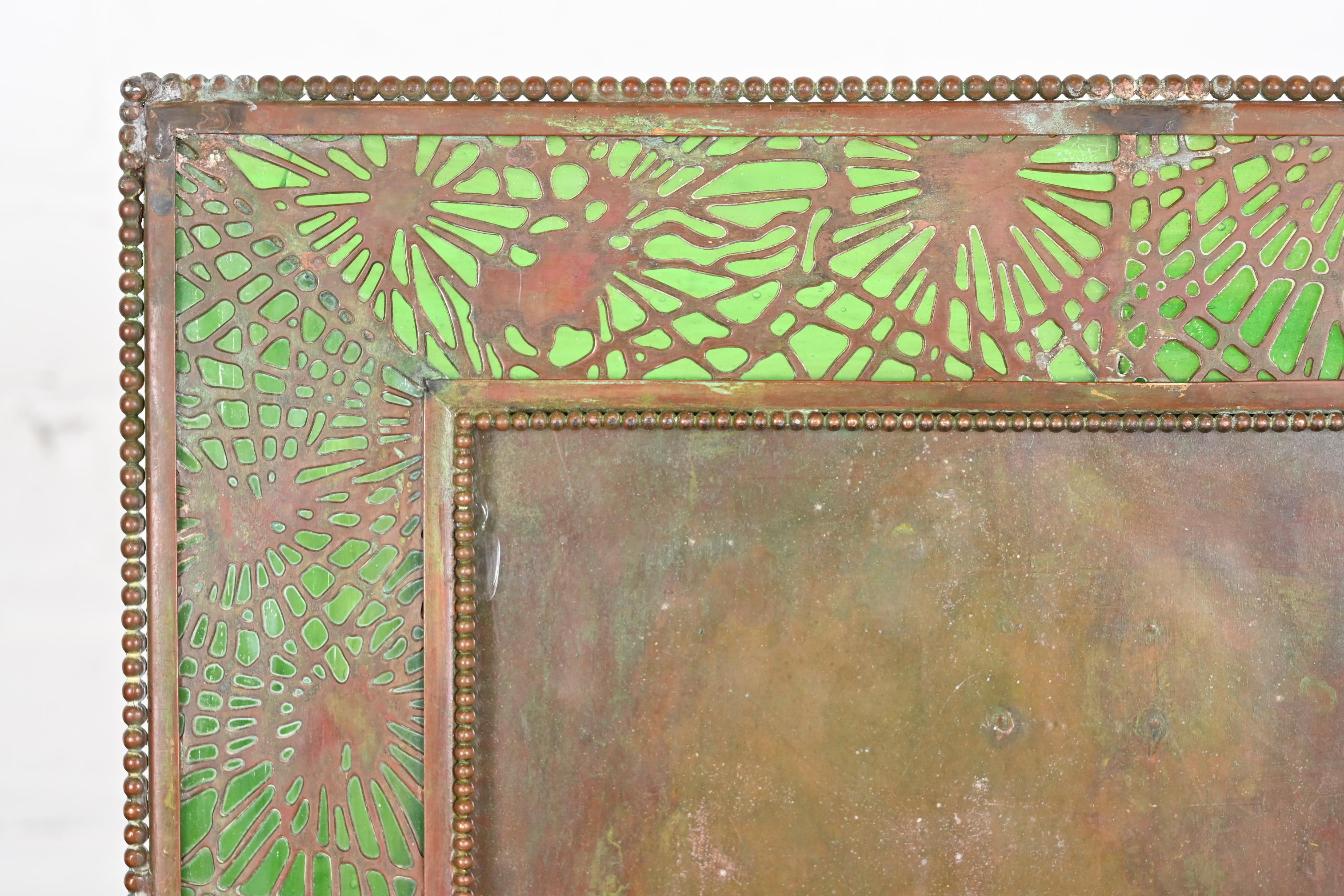 Tiffany Studios New York Pine Needle Bronze and Green Slag Glass Large Picture Frame, Circa 1910 - Image 5