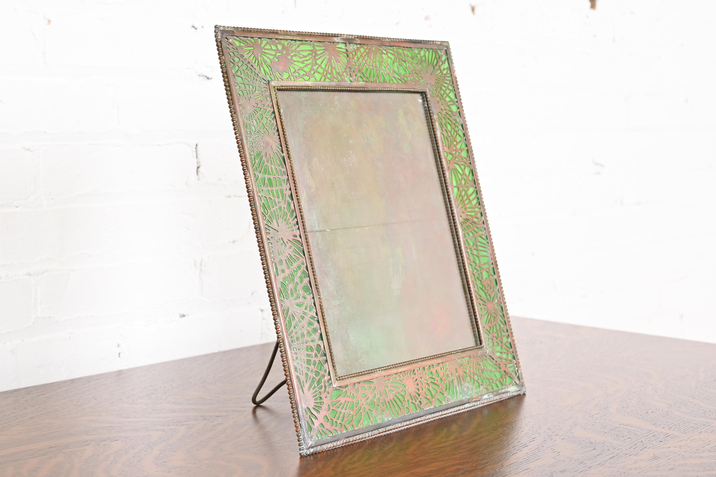 Tiffany Studios New York Pine Needle Bronze and Green Slag Glass Large Picture Frame, Circa 1910 - Image 4