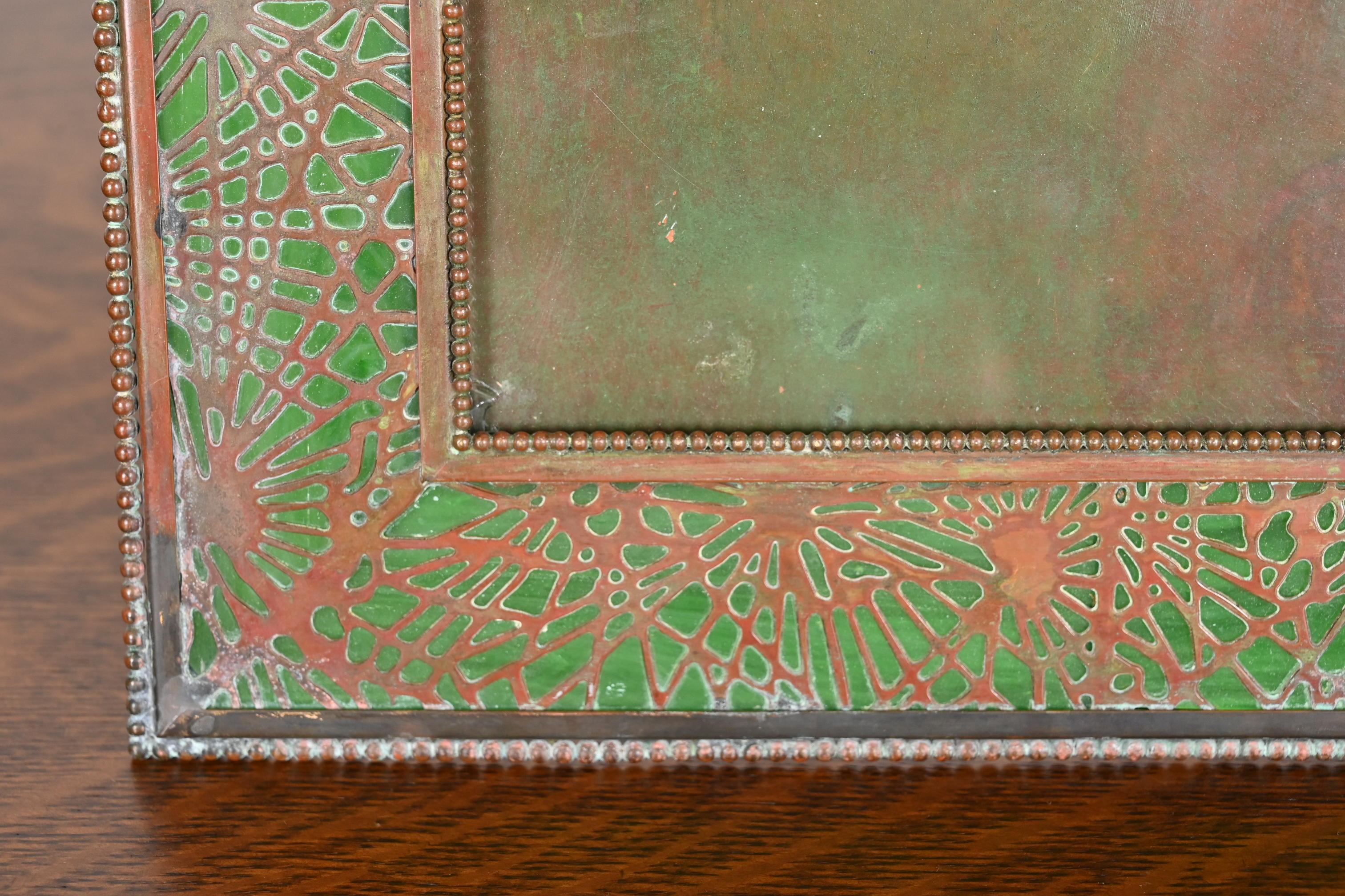 Tiffany Studios New York Pine Needle Bronze and Green Slag Glass Large Picture Frame, Circa 1910 - Image 7