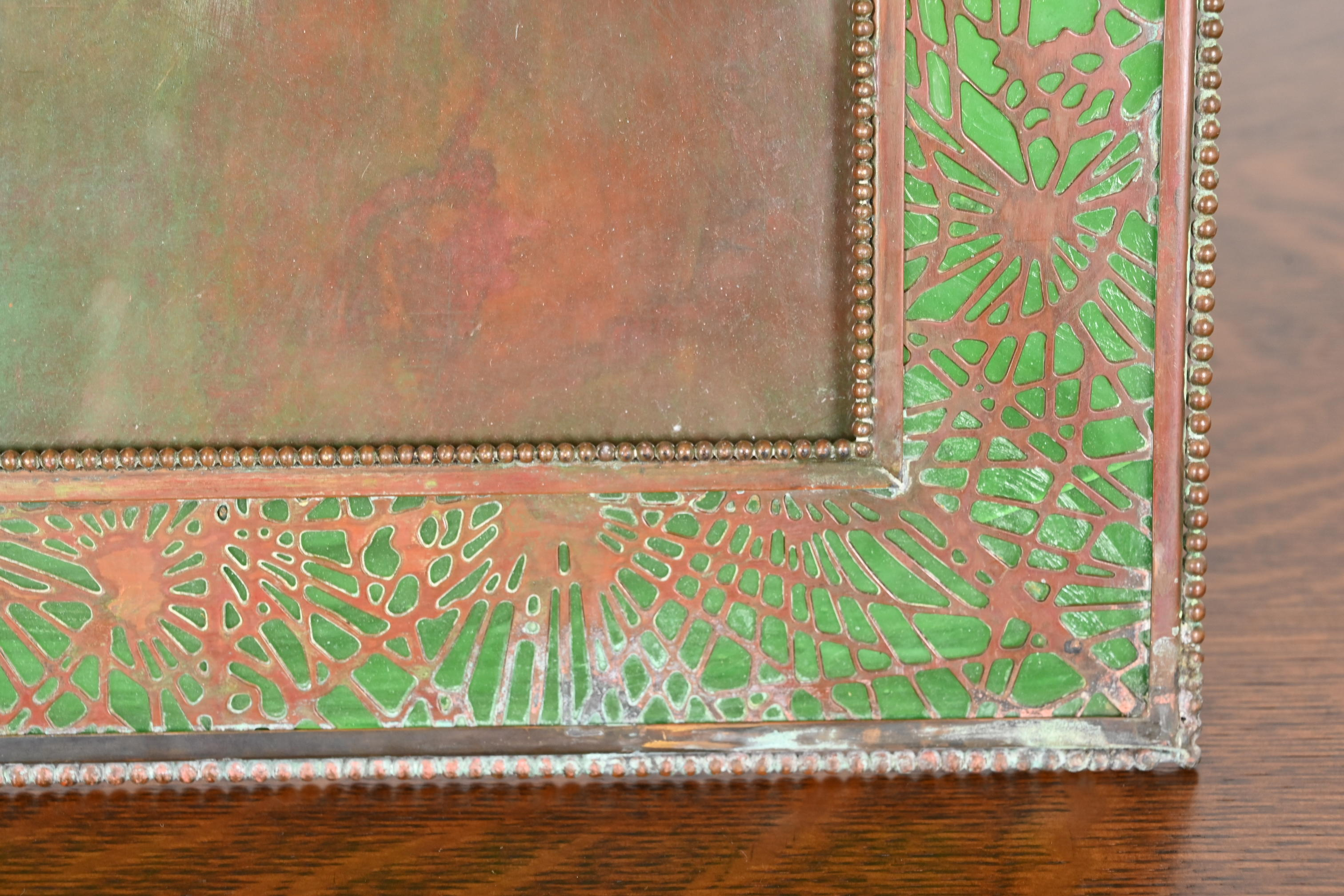 Tiffany Studios New York Pine Needle Bronze and Green Slag Glass Large Picture Frame, Circa 1910 - Image 8