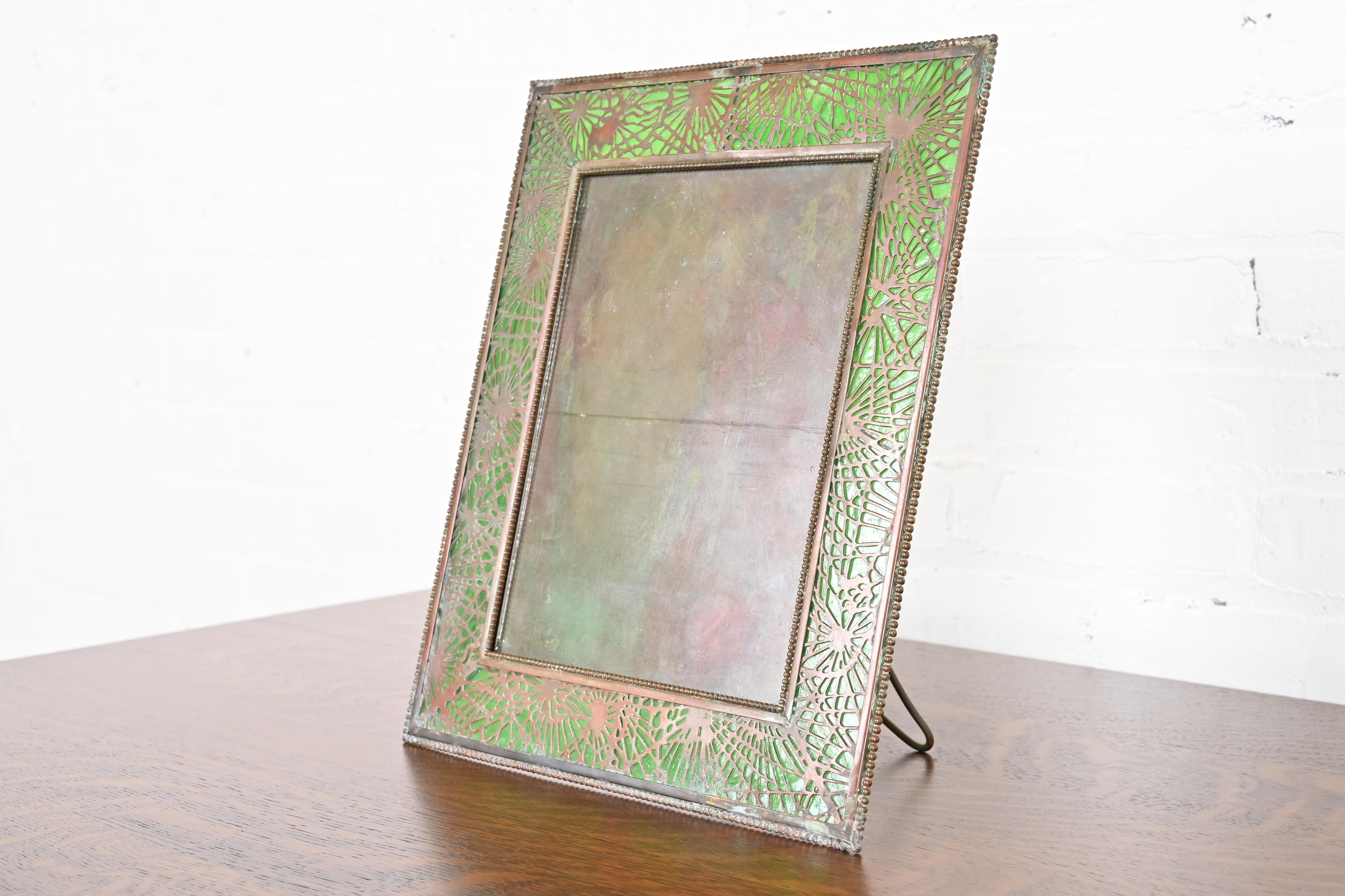 Tiffany Studios New York Pine Needle Bronze and Green Slag Glass Large Picture Frame, Circa 1910 - Image 3