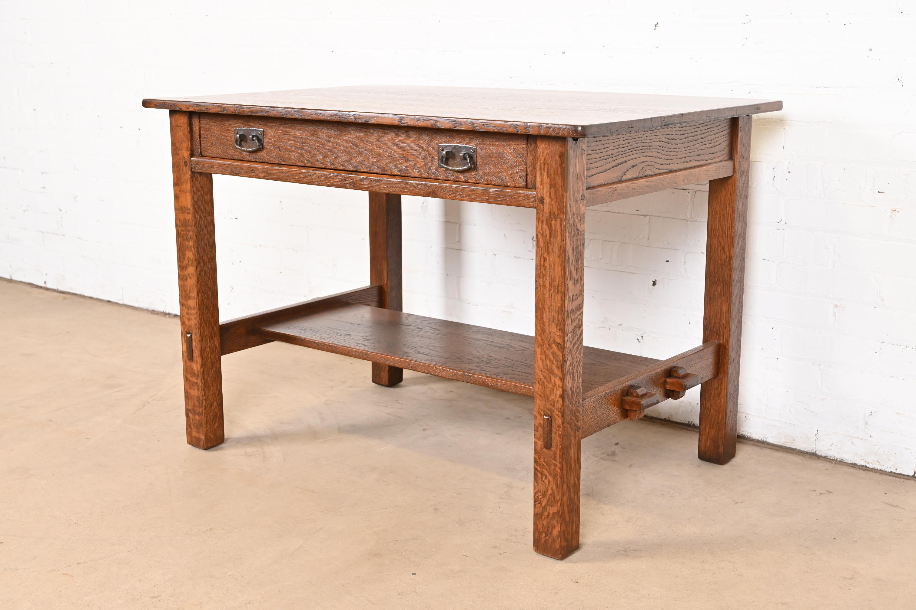 Antique L. & J. G. Stickley Mission Oak Arts & Crafts Writing Desk or Library Table, Newly Restored