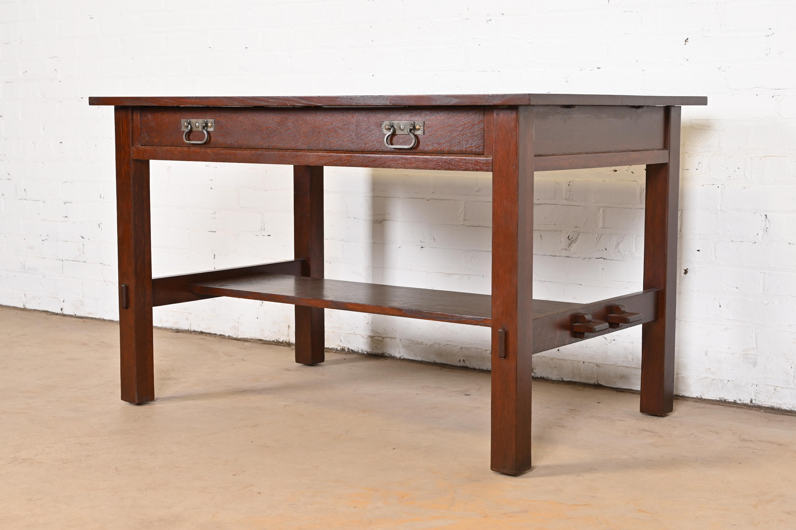 Antique Stickley Mission Oak Arts & Crafts Writing Desk or Library Table, Circa 1900