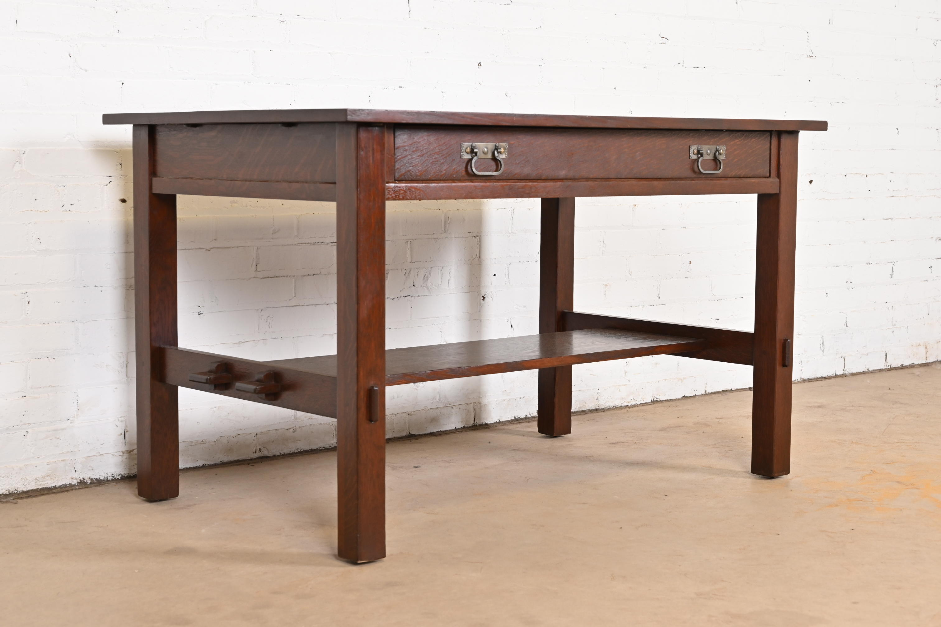Antique Stickley Mission Oak Arts & Crafts Writing Desk or Library Table, Circa 1900 - Image 4