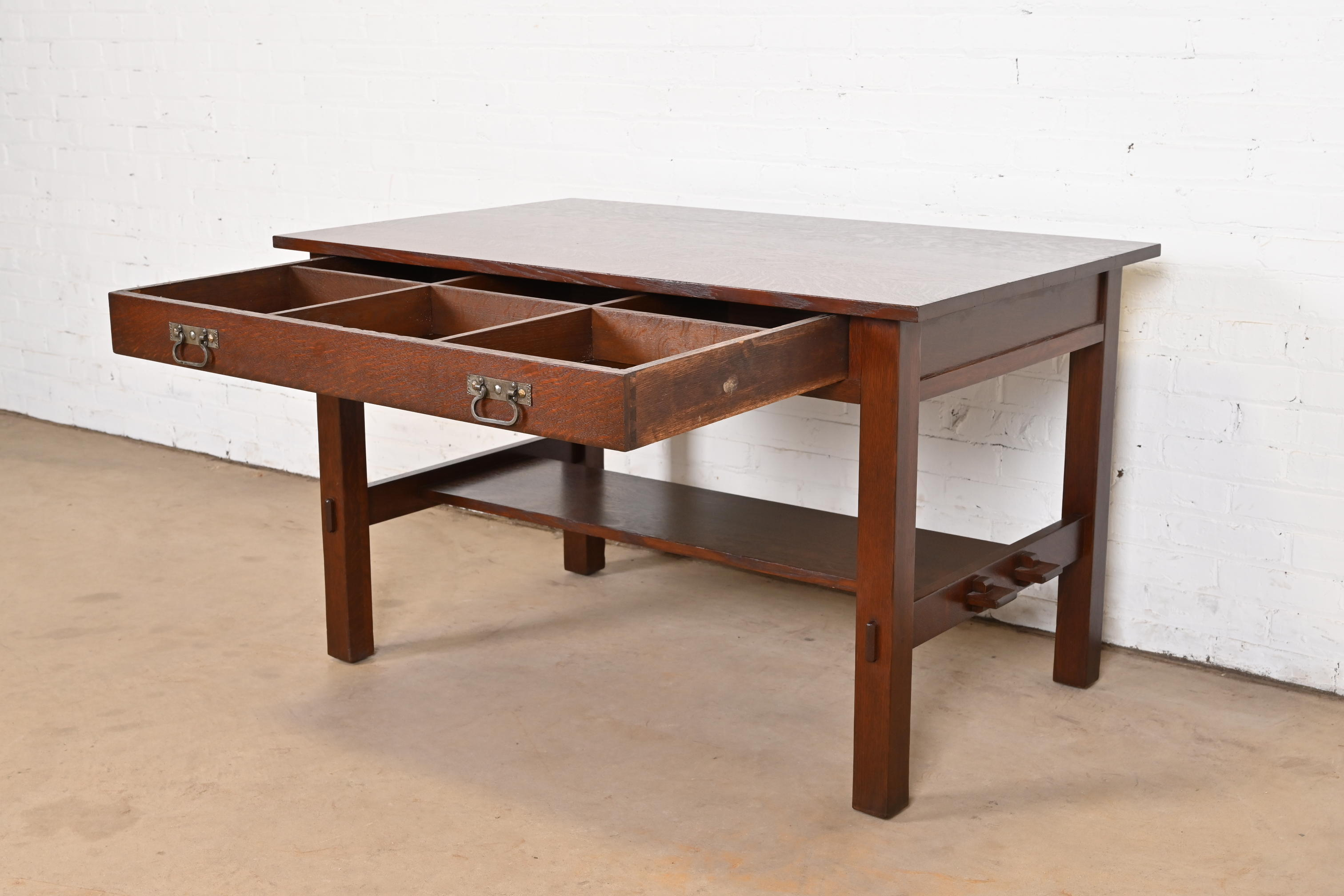 Antique Stickley Mission Oak Arts & Crafts Writing Desk or Library Table, Circa 1900 - Image 5