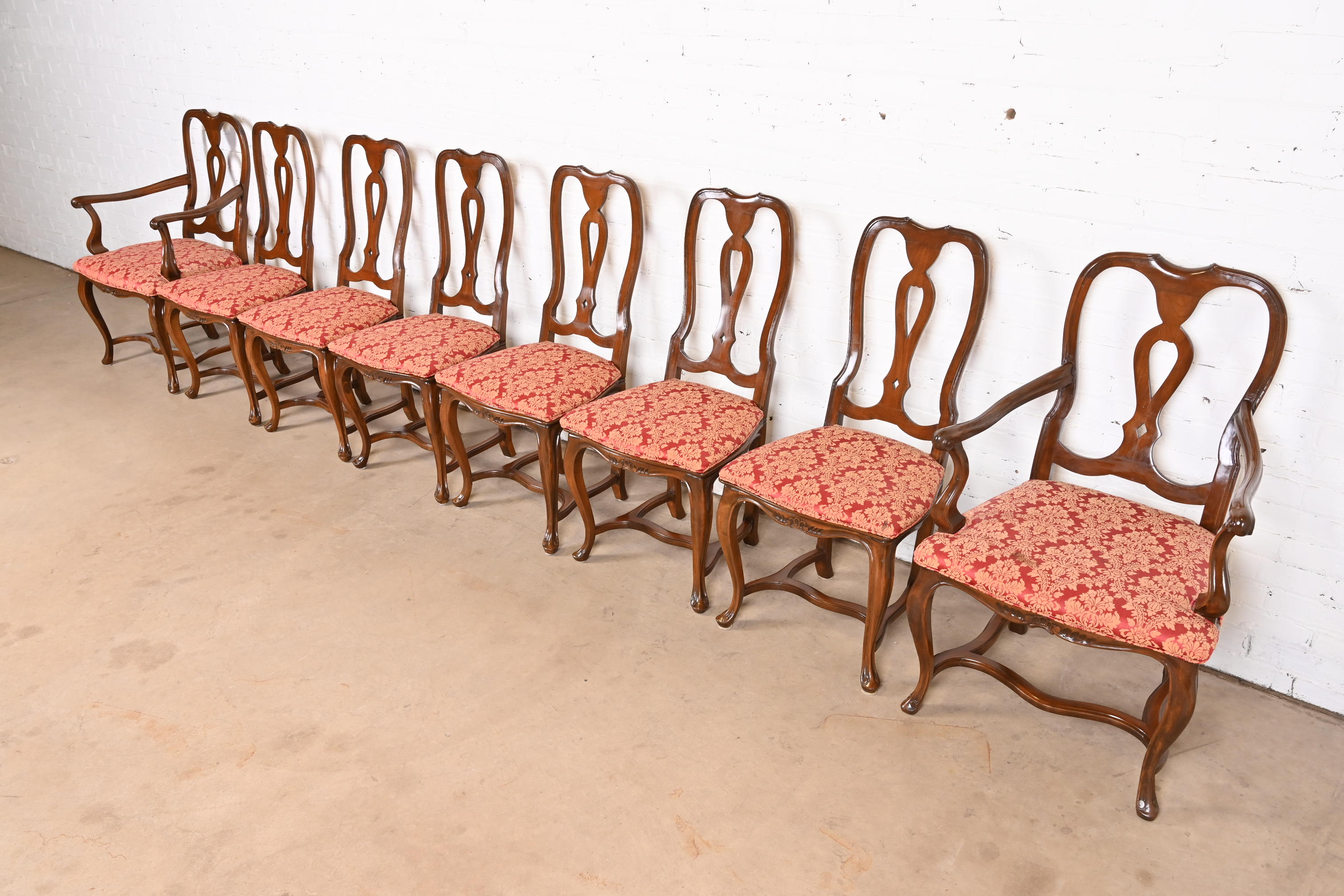 Baker Furniture Italian Provincial Louis XV Carved Walnut Dining Chairs, Set of Eight
