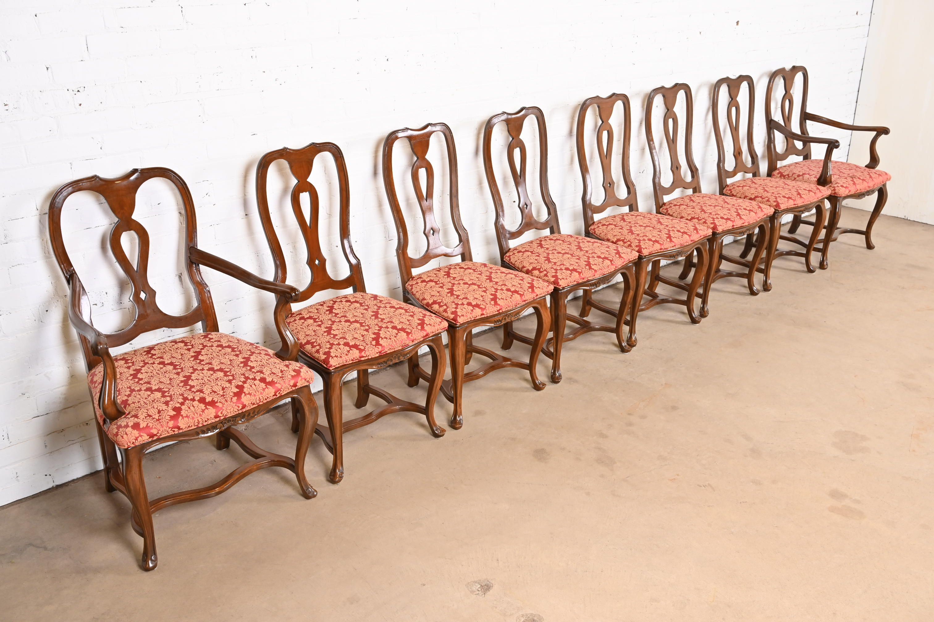 Baker Furniture Italian Provincial Louis XV Carved Walnut Dining Chairs, Set of Eight - Image 3