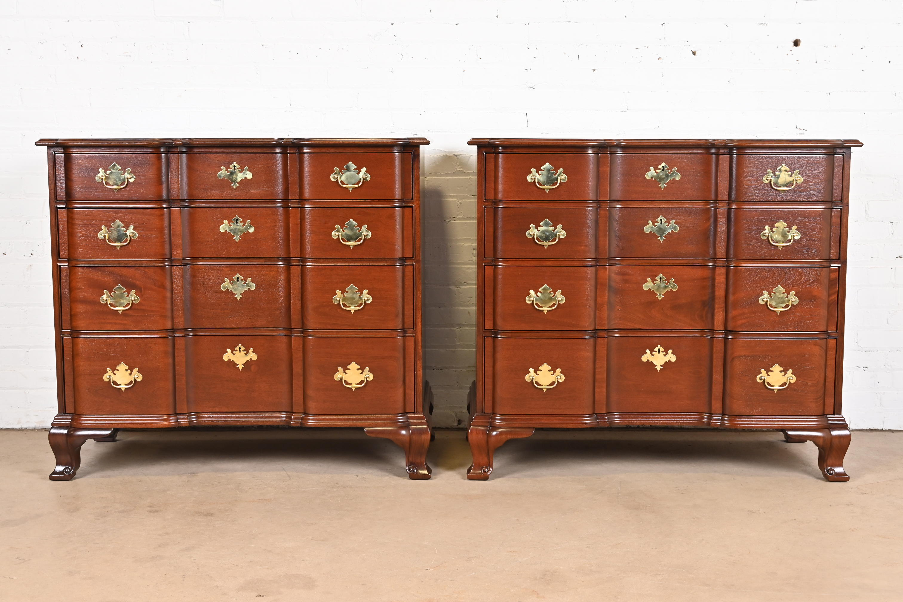 Kindel Furniture Georgian Carved Mahogany Block Front Chests of Drawers, Newly Refinished