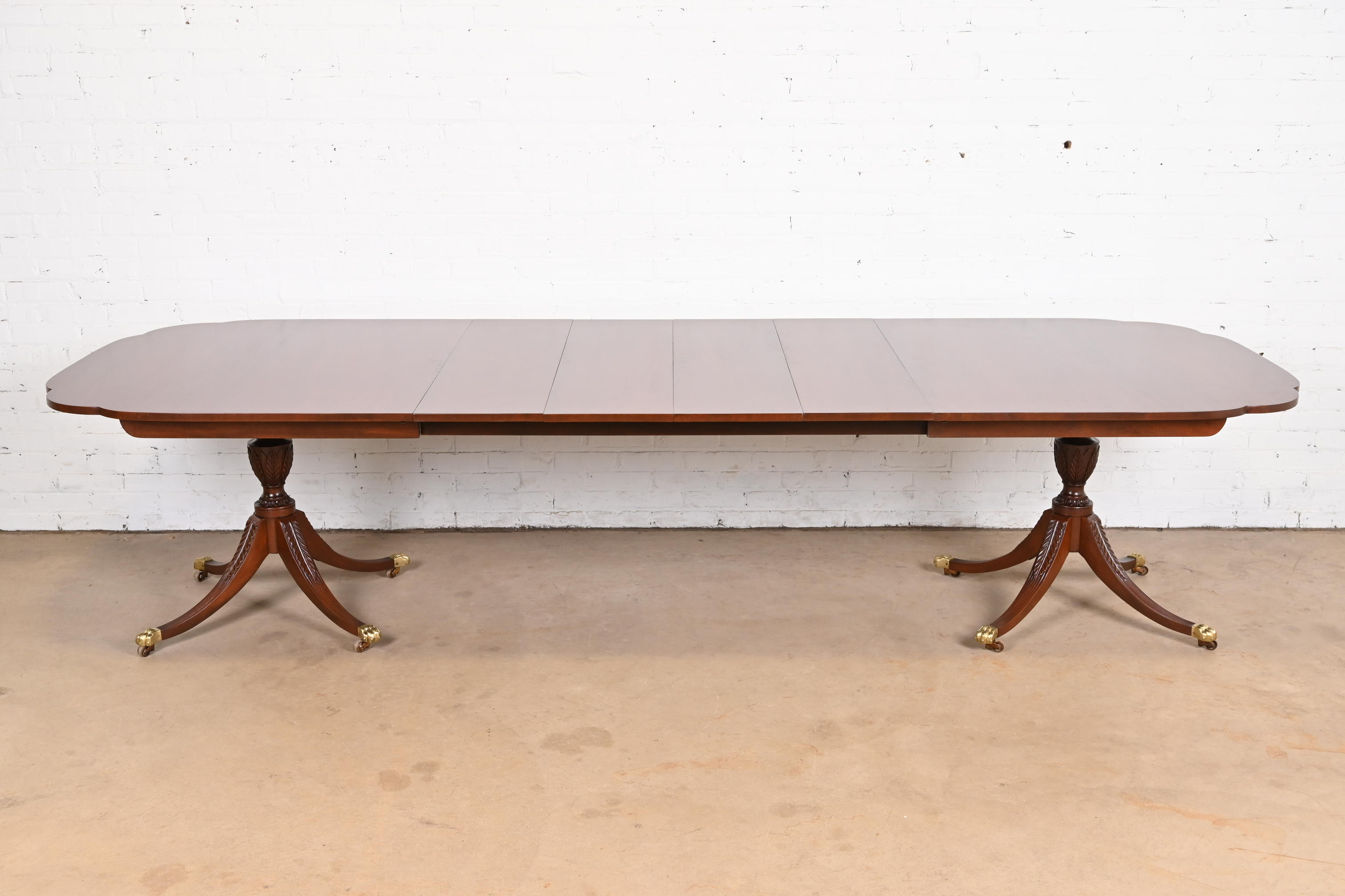 Kindel Furniture Georgian Mahogany Double Pedestal Extension Dining Table, Newly Refinished