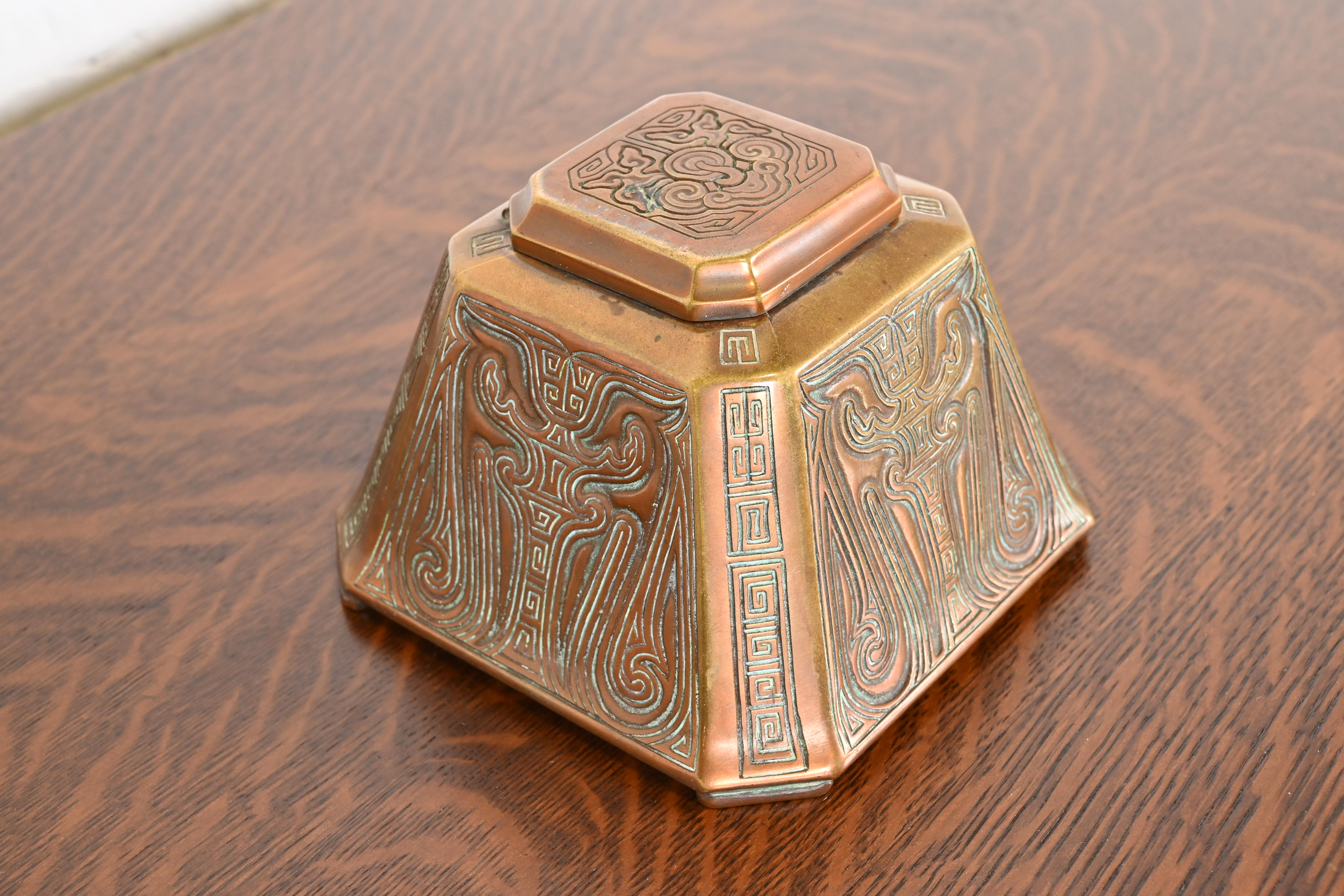 Tiffany Studios New York Chinese Pattern Large Bronze Inkwell, Circa 1910