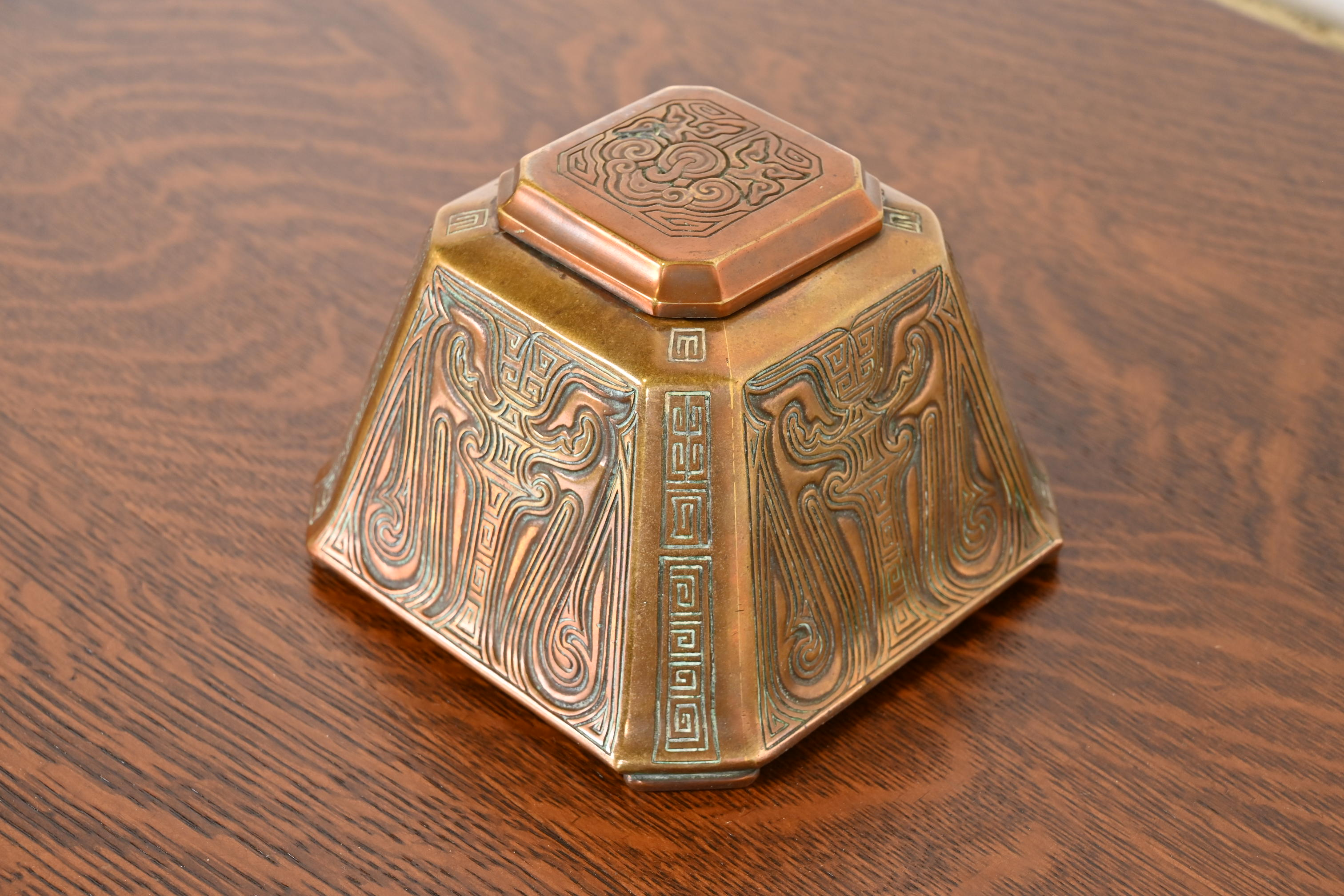 Tiffany Studios New York Chinese Pattern Large Bronze Inkwell, Circa 1910 - Image 5
