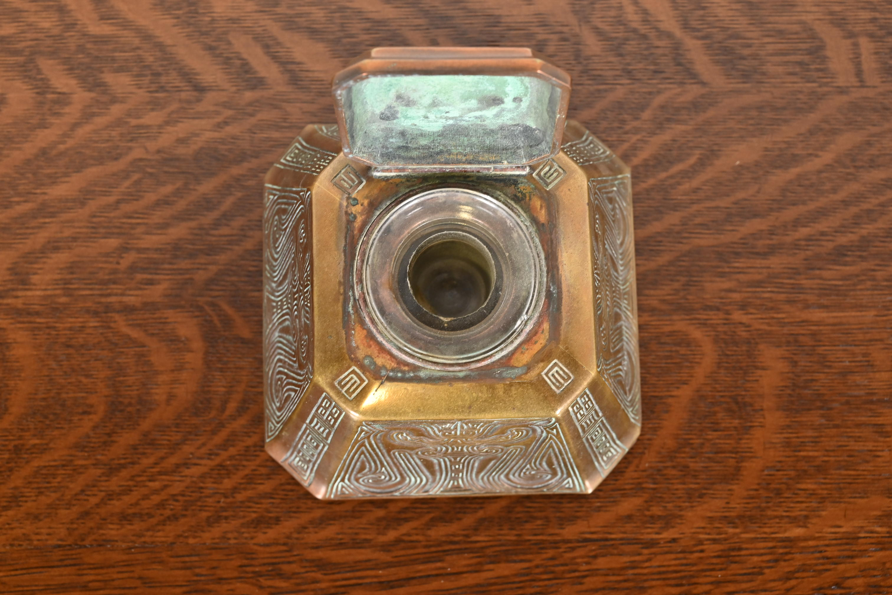 Tiffany Studios New York Chinese Pattern Large Bronze Inkwell, Circa 1910 - Image 8