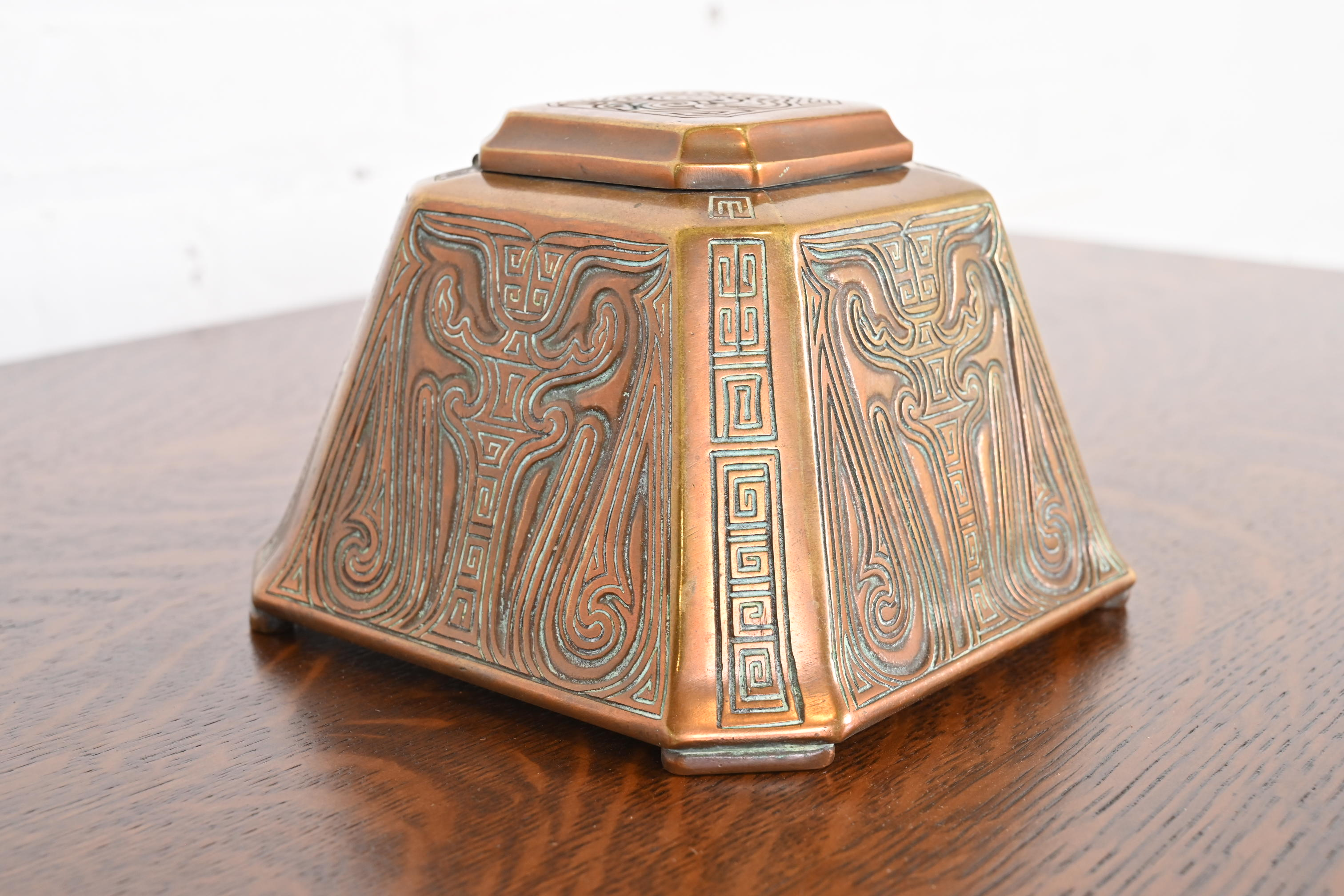 Tiffany Studios New York Chinese Pattern Large Bronze Inkwell, Circa 1910 - Image 6