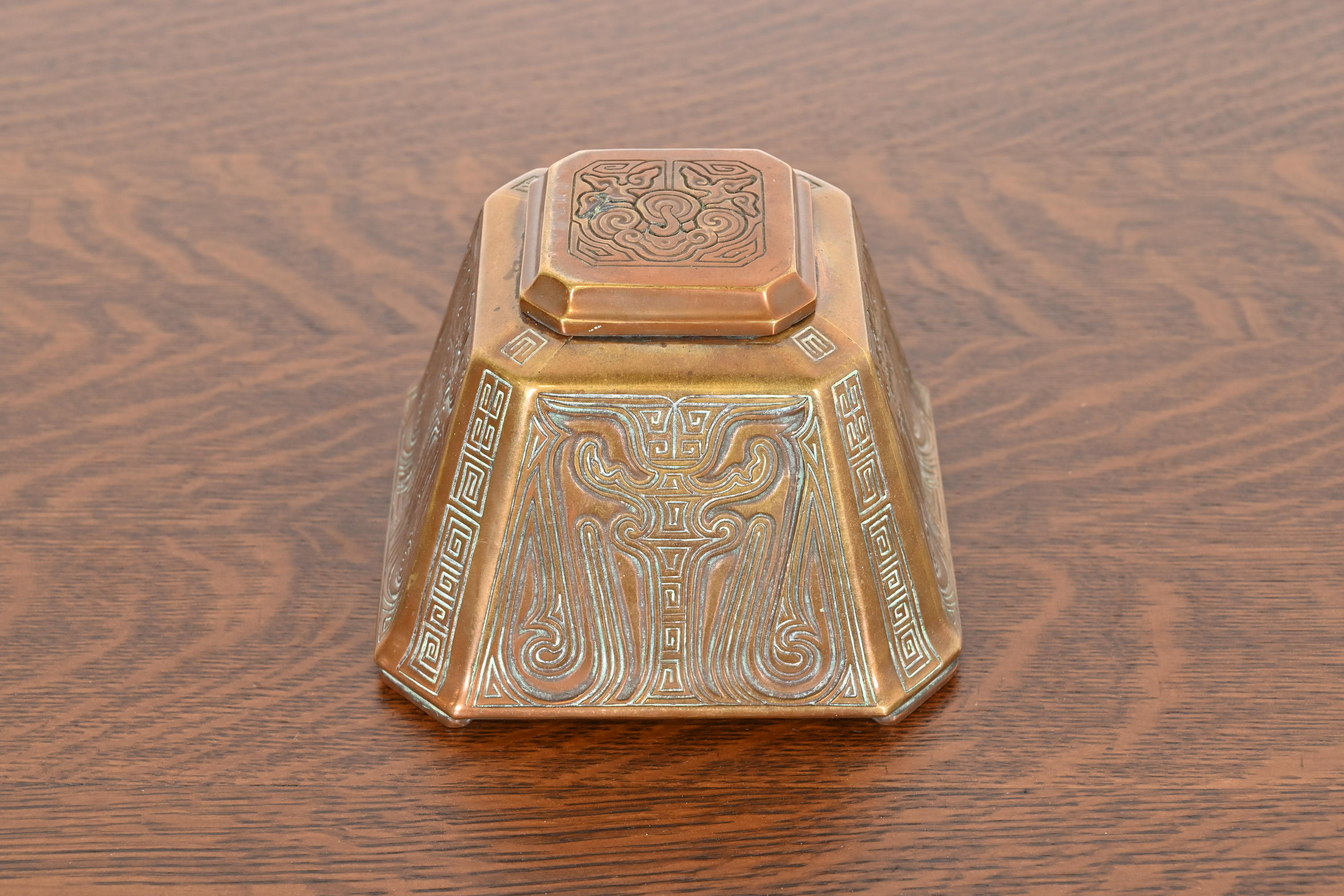 Tiffany Studios New York Chinese Pattern Large Bronze Inkwell, Circa 1910 - Image 2