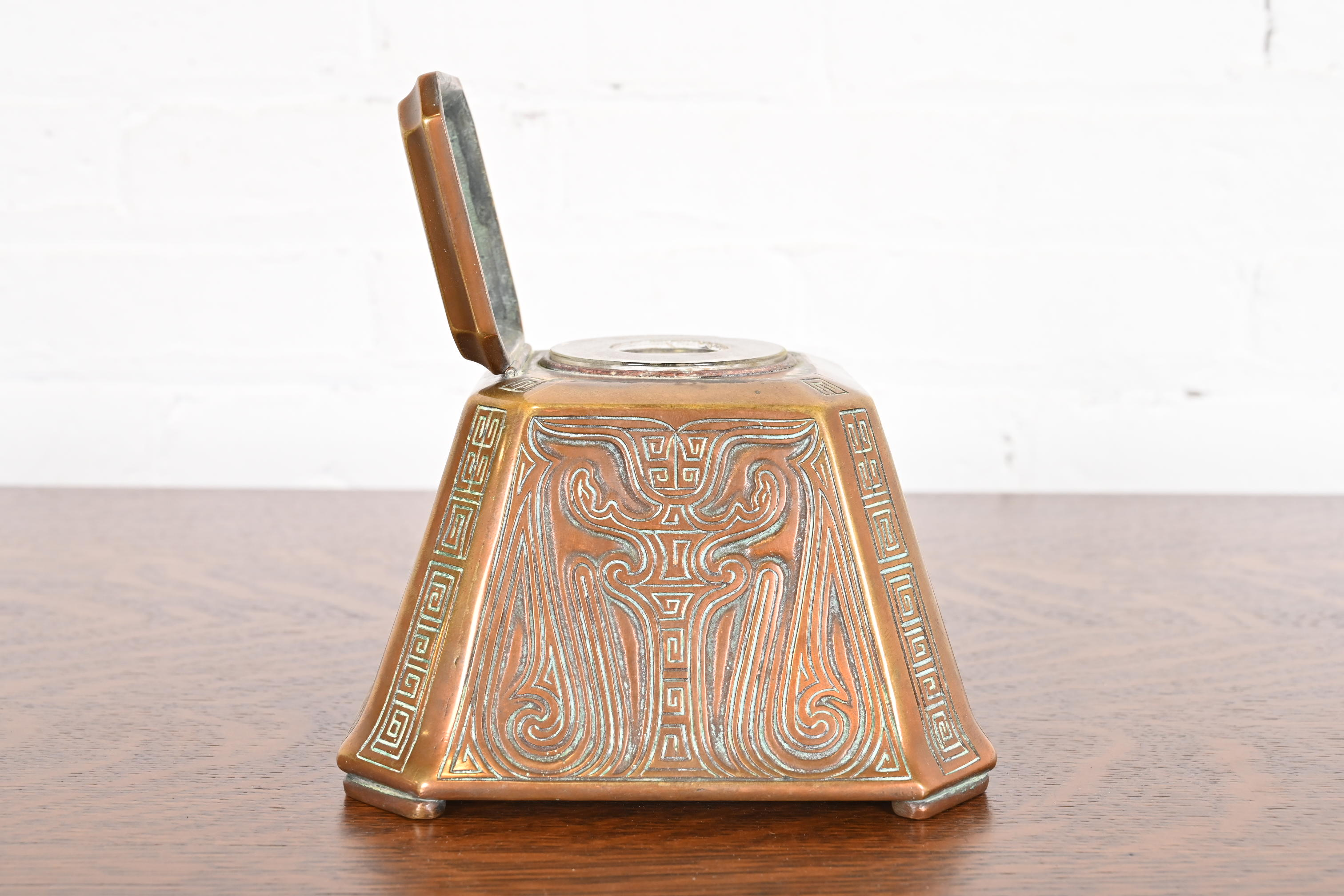 Tiffany Studios New York Chinese Pattern Large Bronze Inkwell, Circa 1910 - Image 9