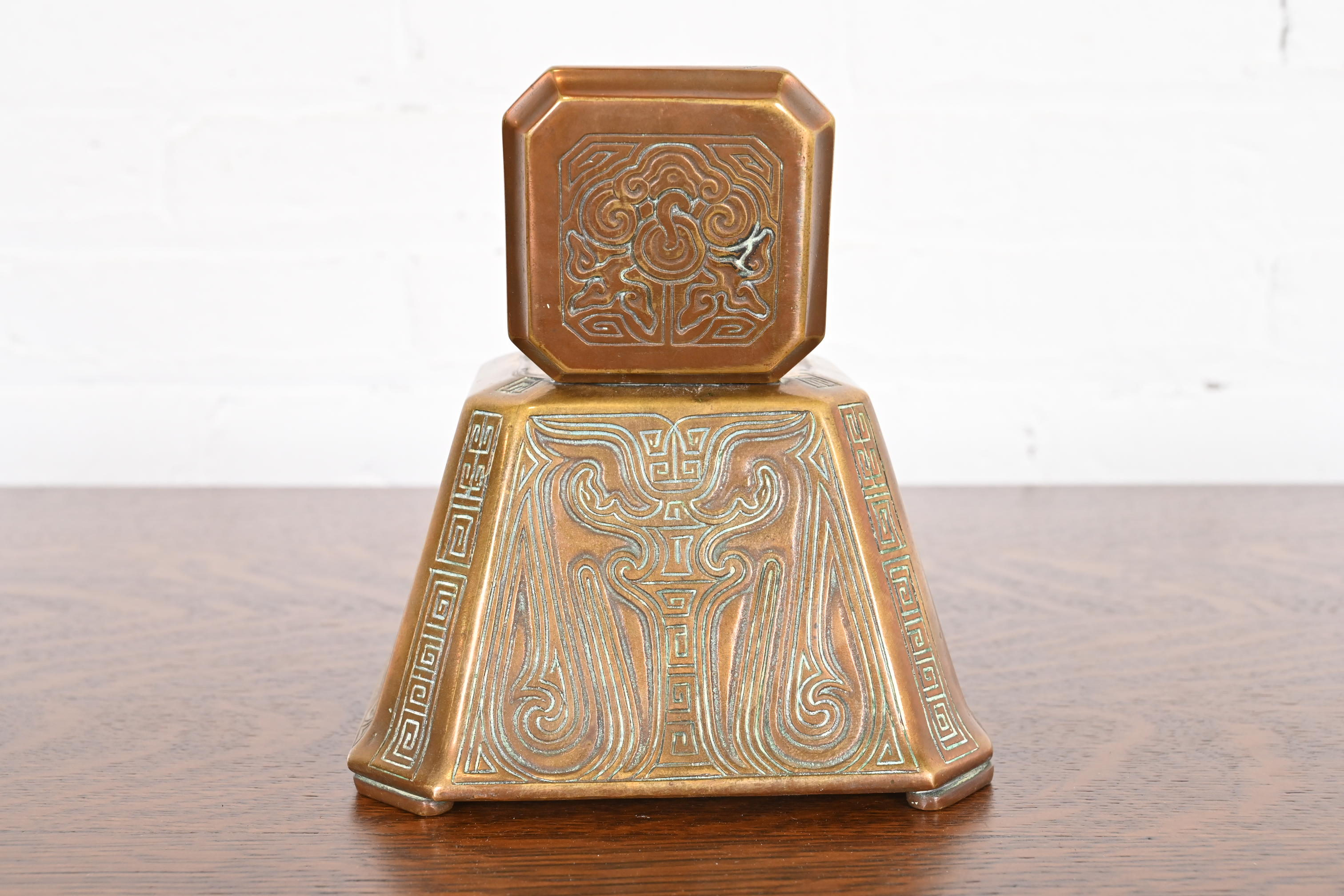 Tiffany Studios New York Chinese Pattern Large Bronze Inkwell, Circa 1910 - Image 10
