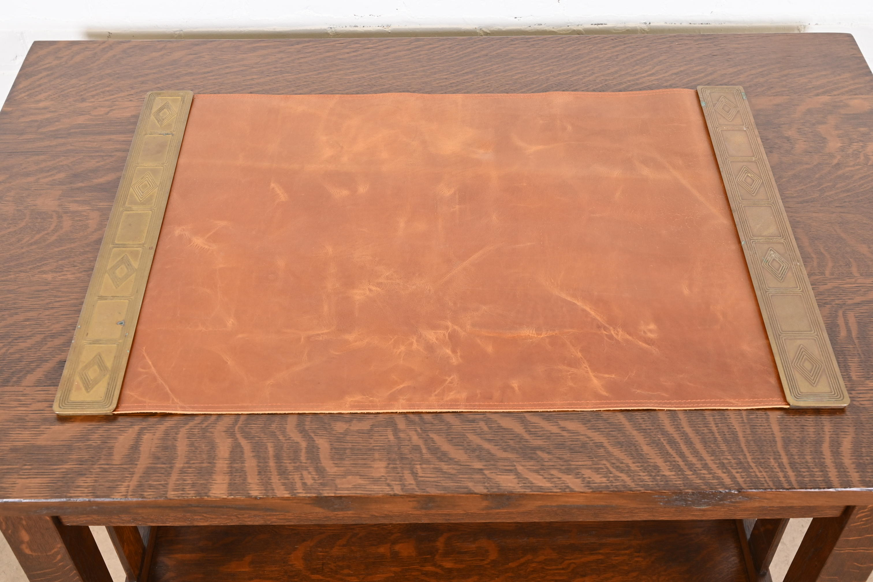 Tiffany Studios New York Graduate Bronze Doré Blotter Ends With Leather Desk Blotter
