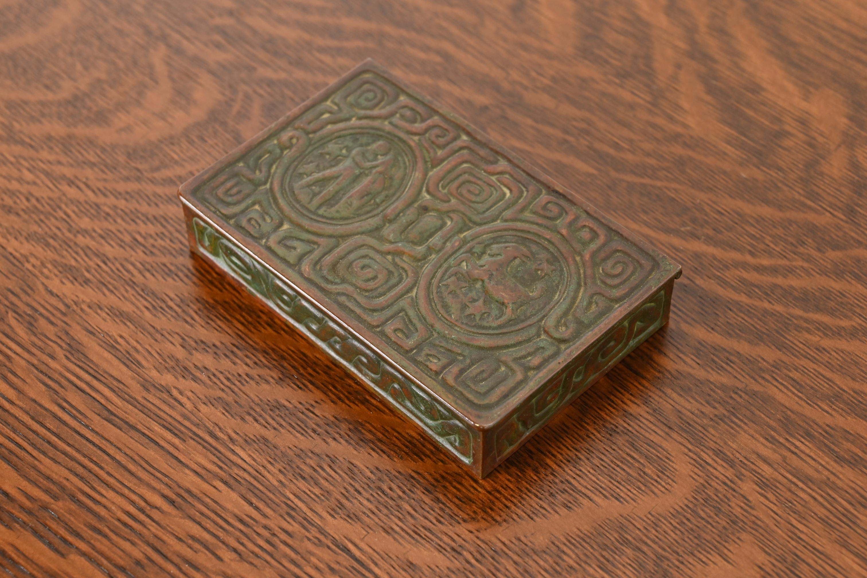 Tiffany Studios New York Zodiac Patinated Bronze Box, Circa 1910
