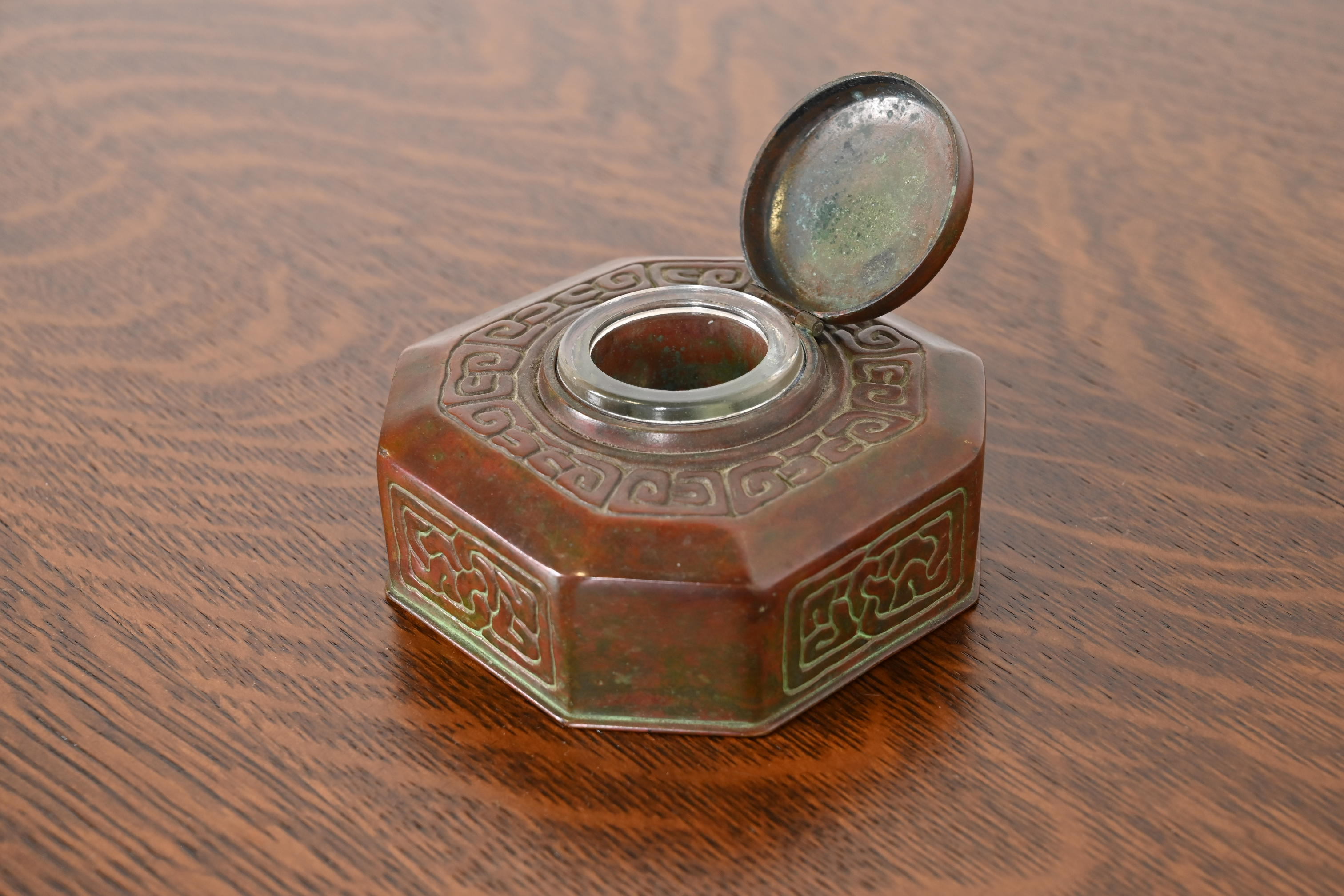 Tiffany Studios New York Zodiac Patinated Bronze Inkwell, Circa 1910 - Image 6