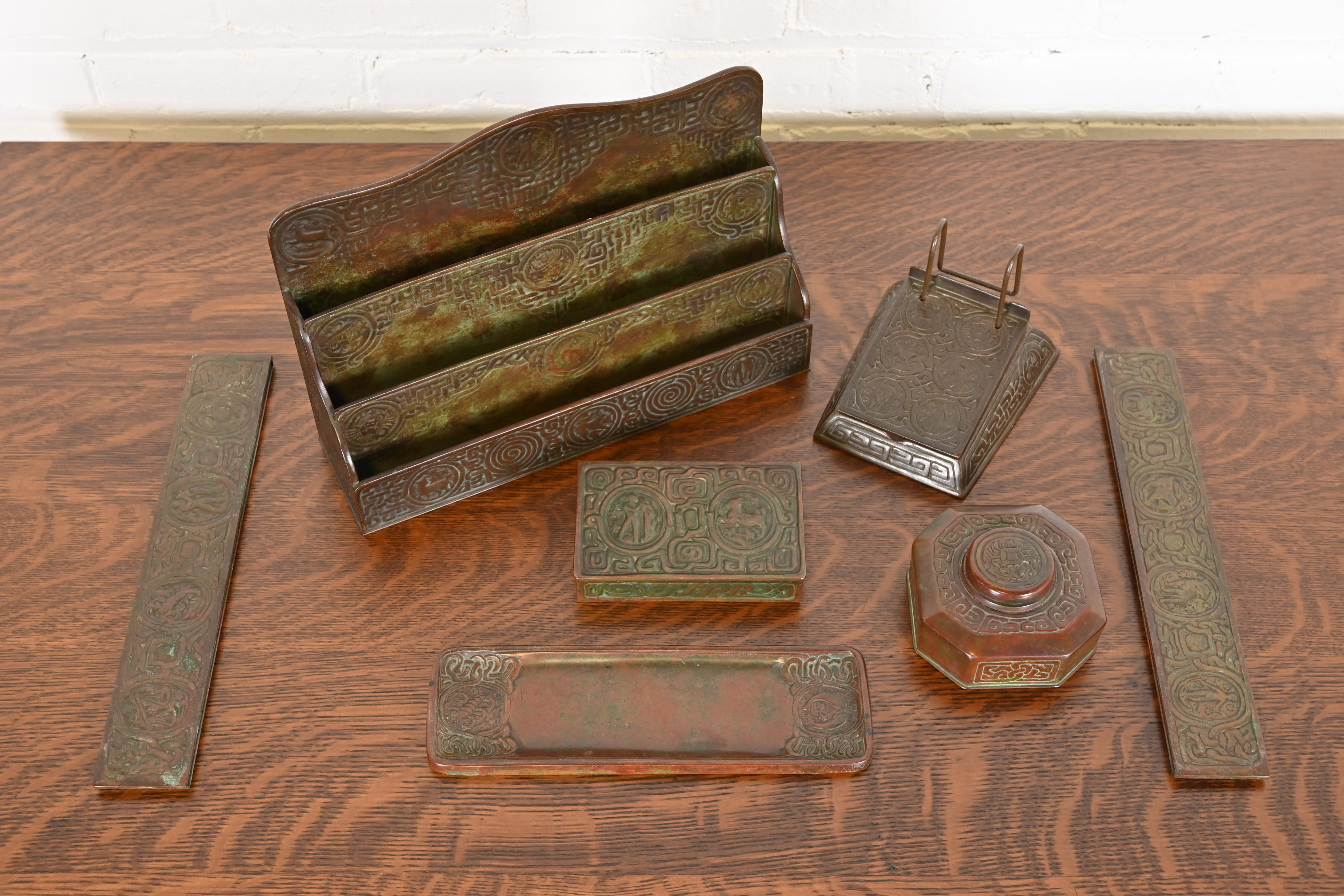 Tiffany Studios New York Zodiac Patinated Bronze Inkwell, Circa 1910 - Image 11