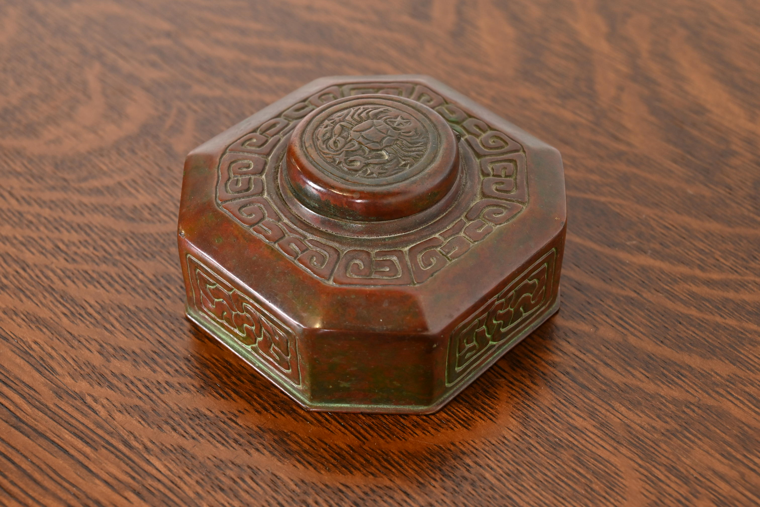 Tiffany Studios New York Zodiac Patinated Bronze Inkwell, Circa 1910