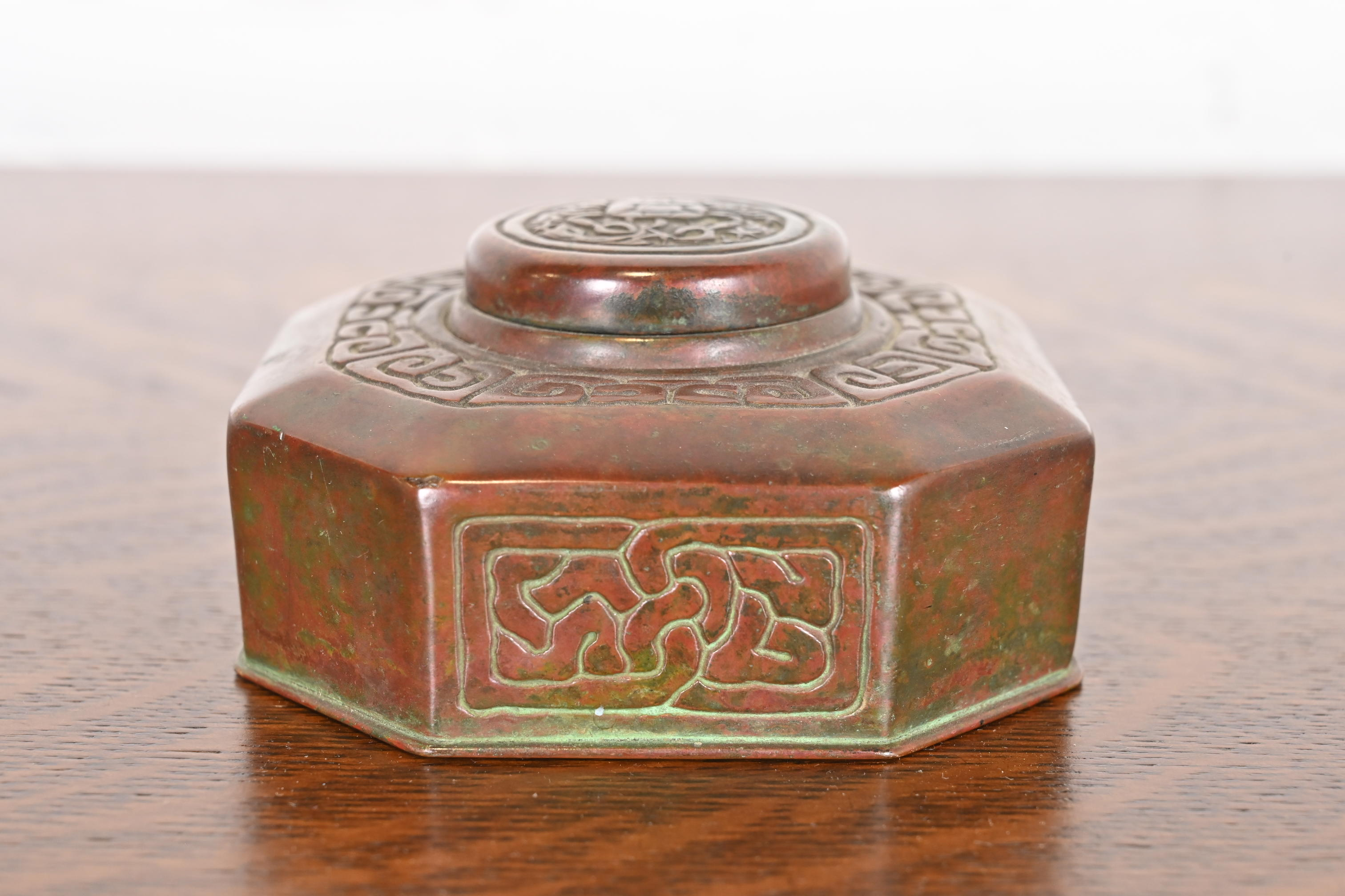 Tiffany Studios New York Zodiac Patinated Bronze Inkwell, Circa 1910 - Image 3