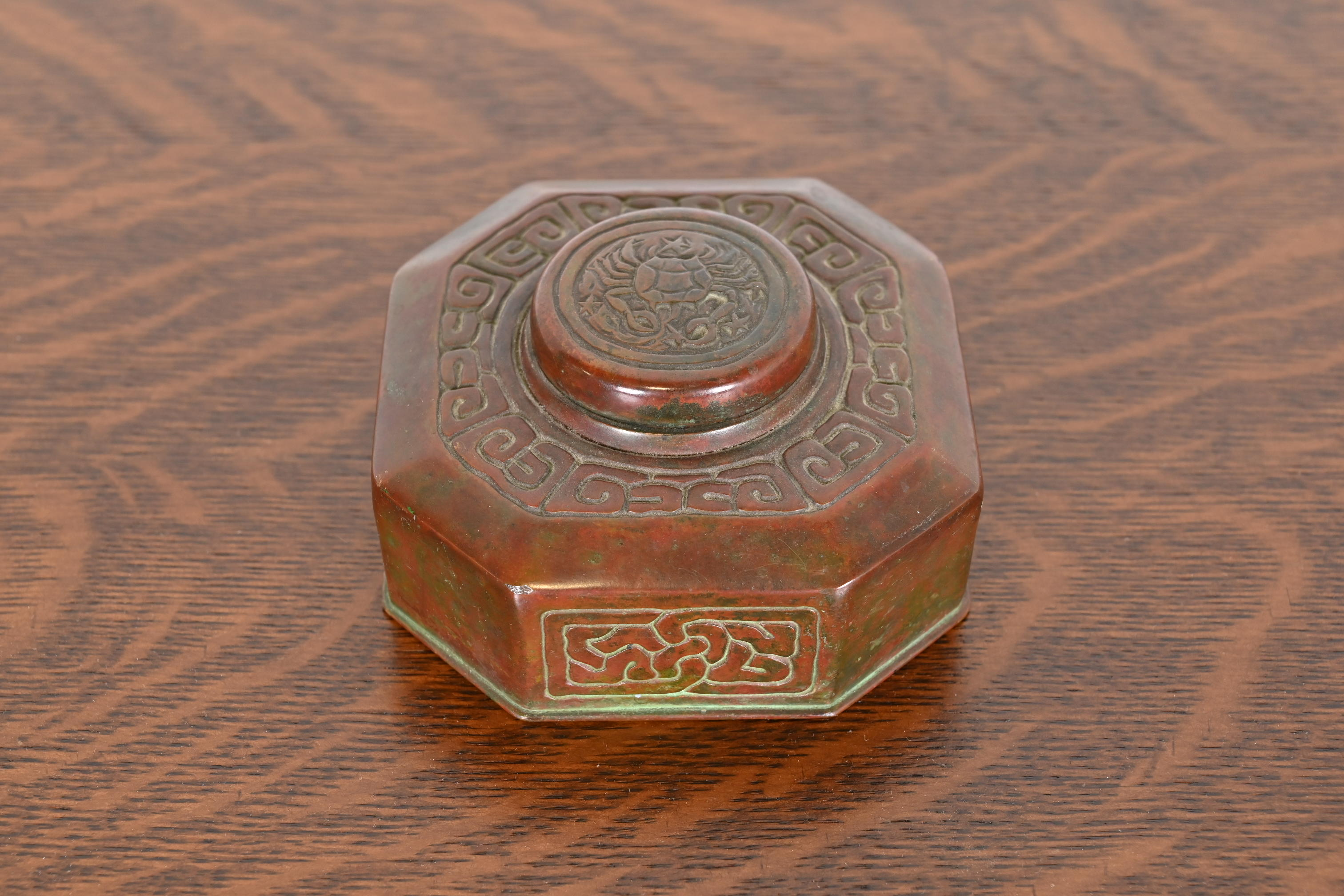Tiffany Studios New York Zodiac Patinated Bronze Inkwell, Circa 1910 - Image 2