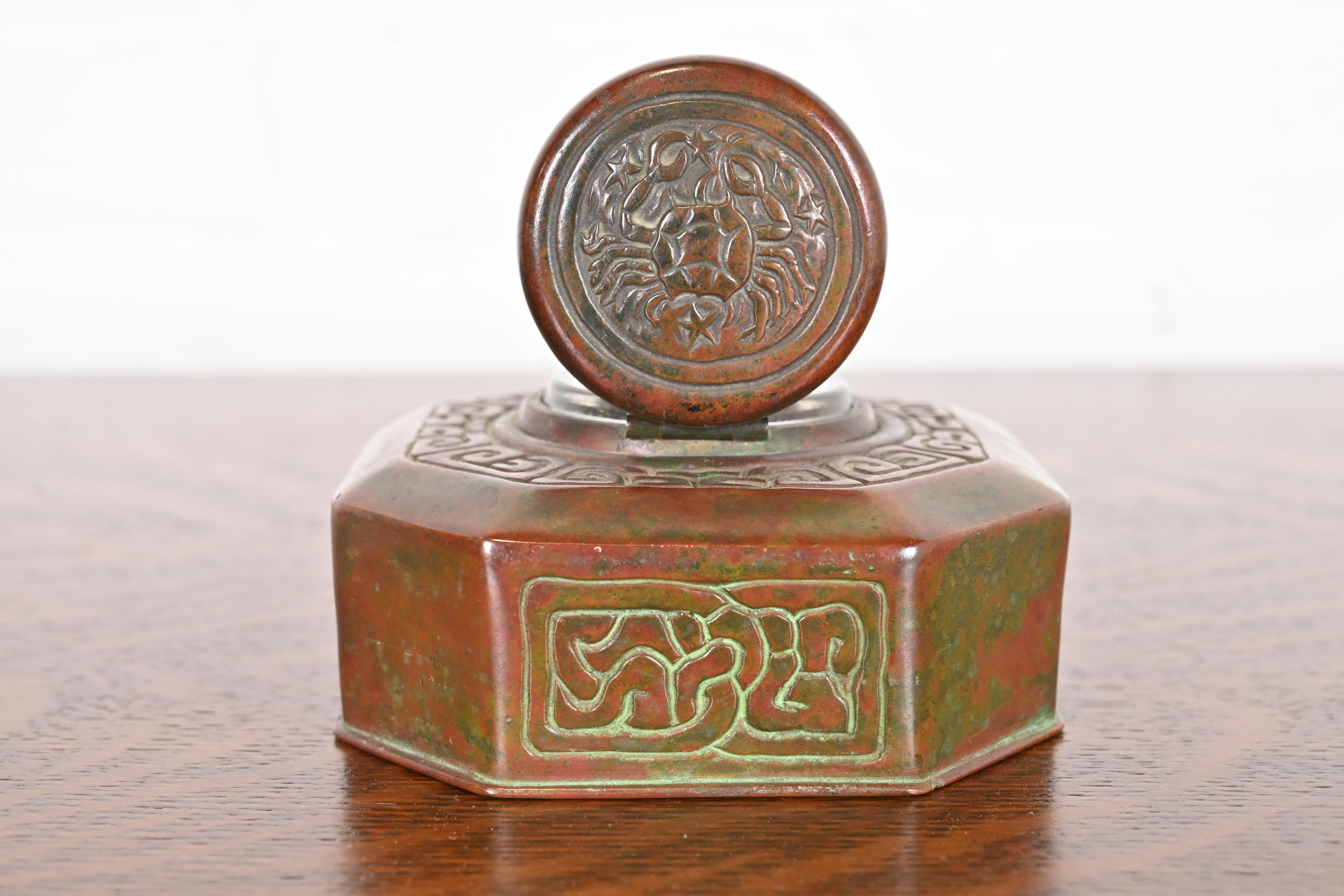 Tiffany Studios New York Zodiac Patinated Bronze Inkwell, Circa 1910 - Image 7