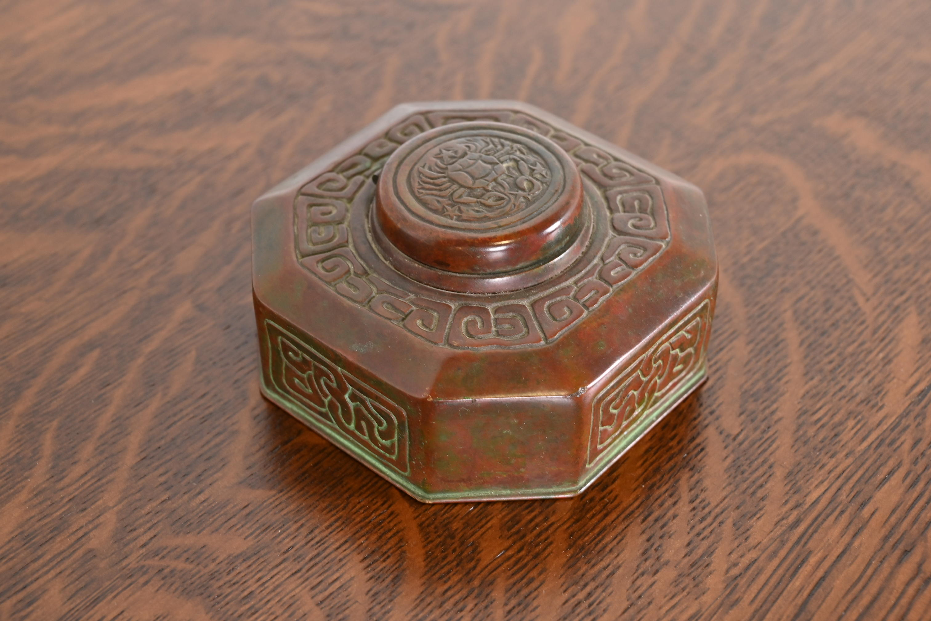 Tiffany Studios New York Zodiac Patinated Bronze Inkwell, Circa 1910 - Image 4