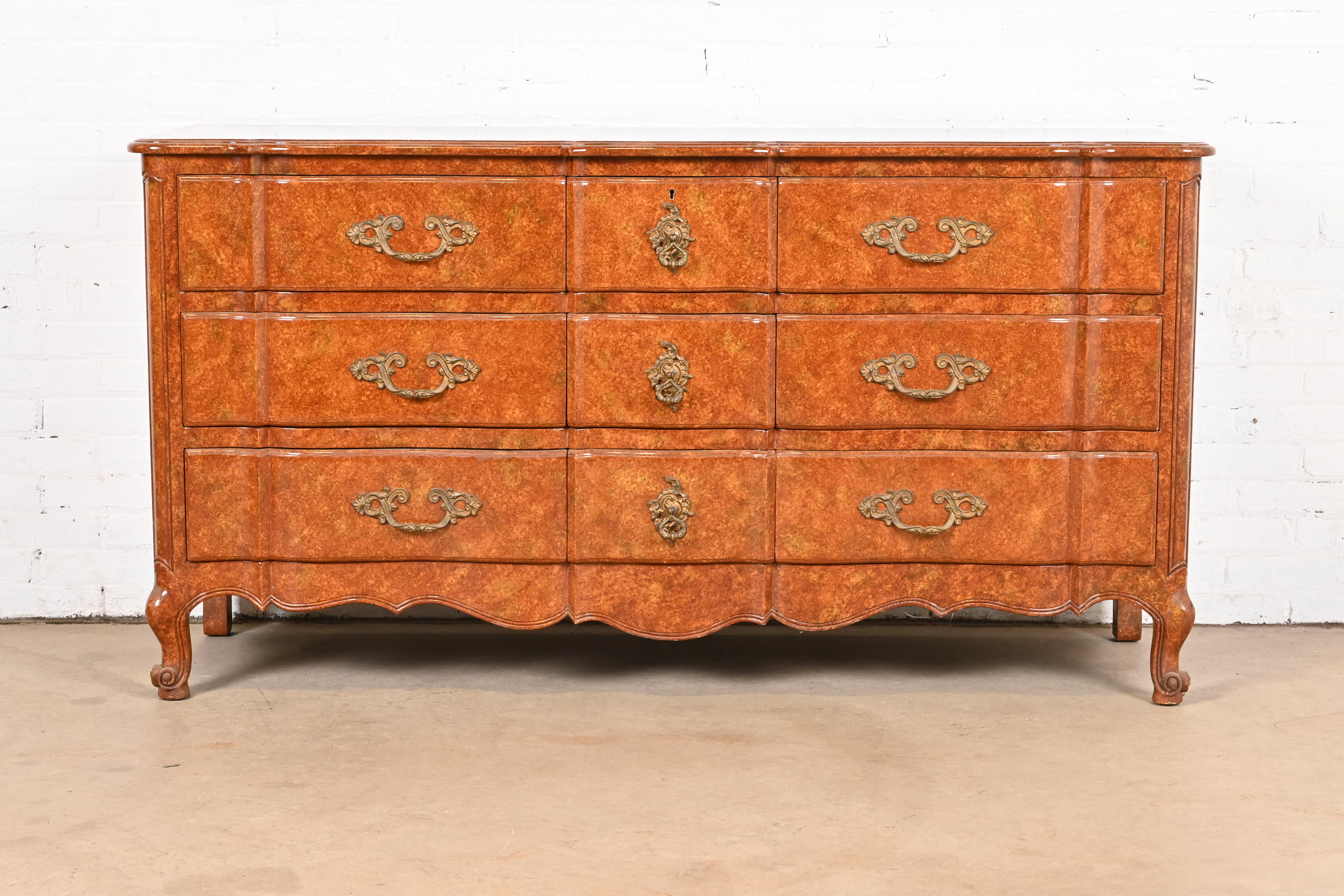 Don Ruseau French Provincial Louis XV Faux Burl Wood Painted Triple Dresser