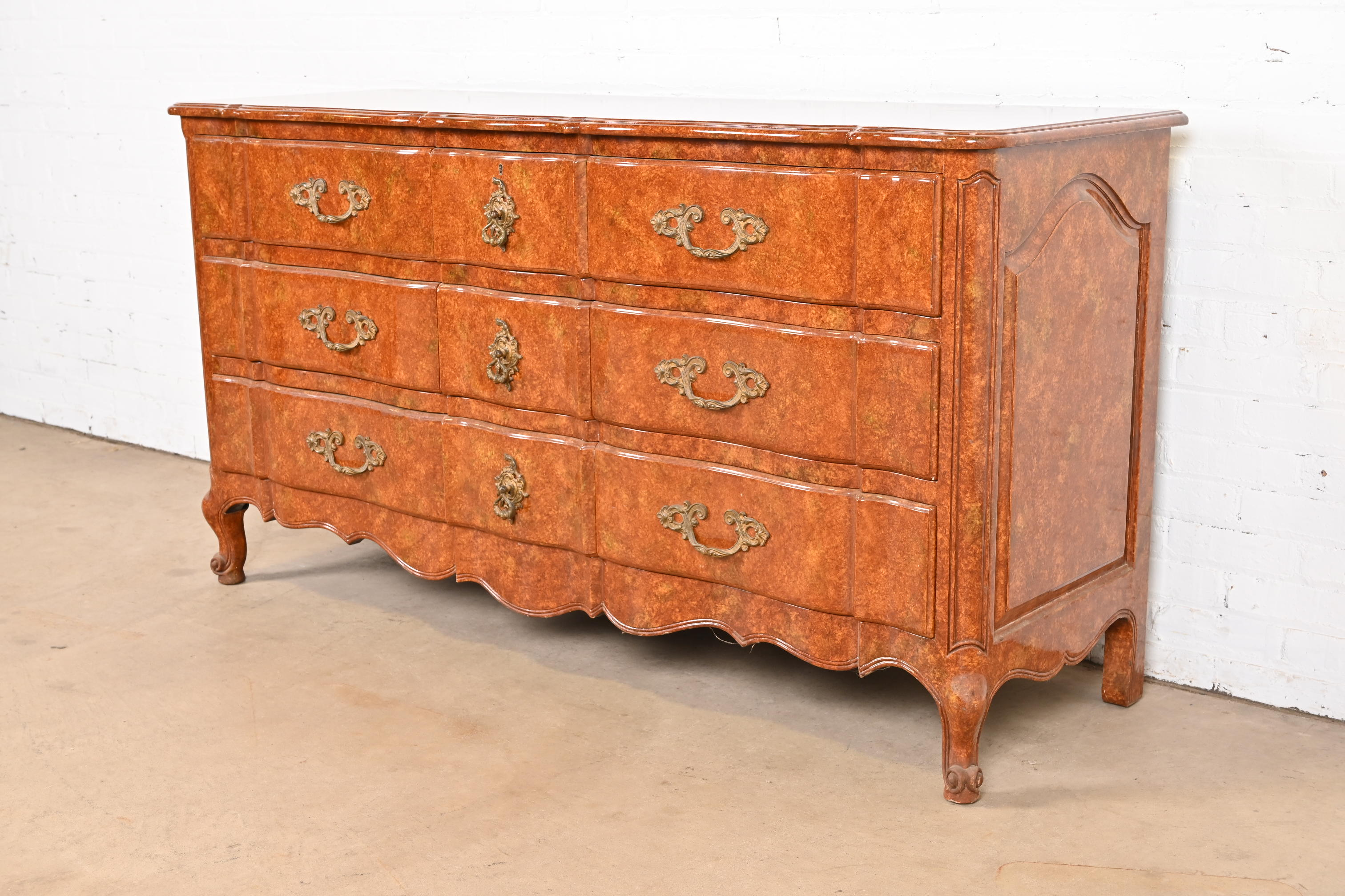 Don Ruseau French Provincial Louis XV Faux Burl Wood Painted Triple Dresser - Image 3