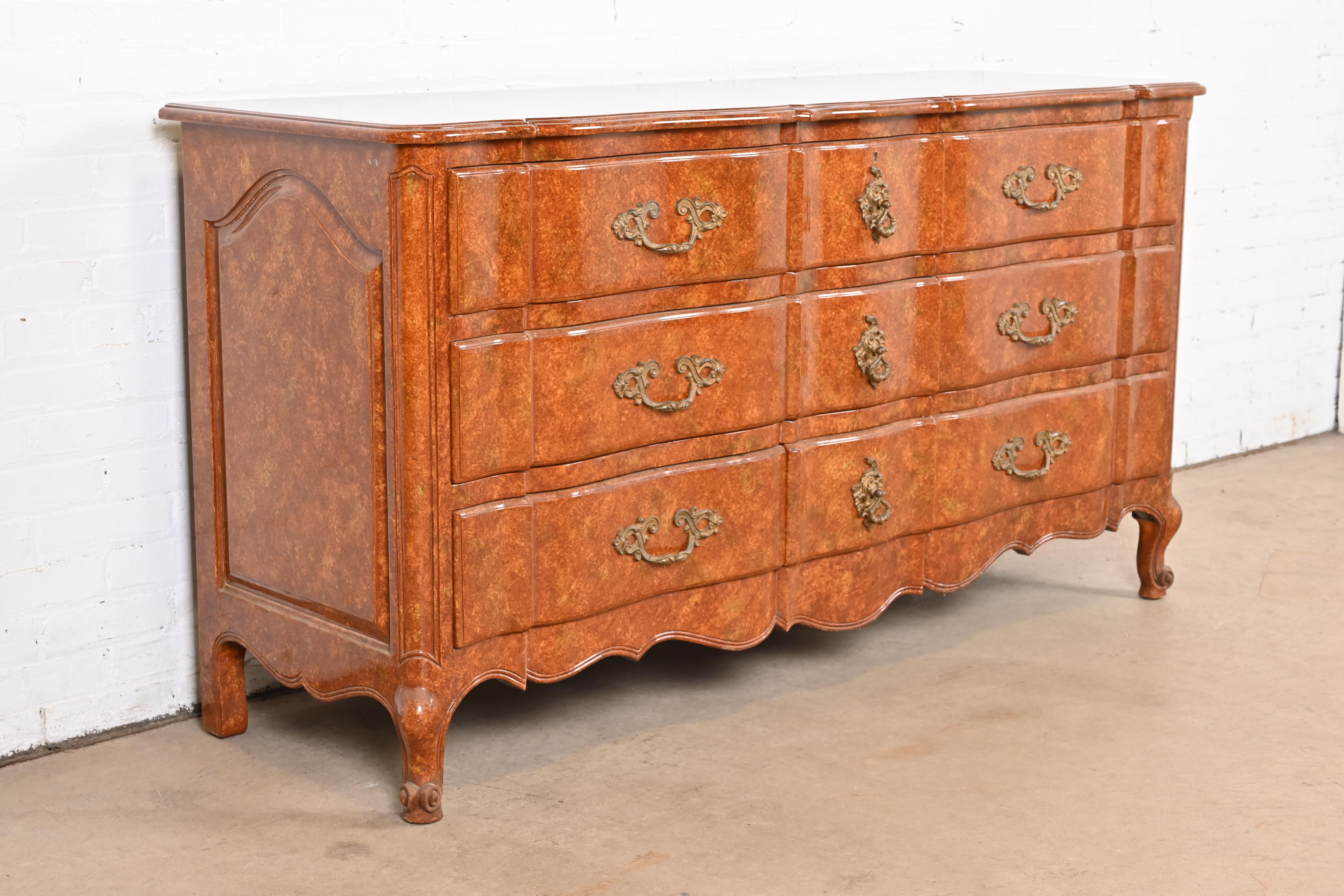 Don Ruseau French Provincial Louis XV Faux Burl Wood Painted Triple Dresser - Image 5