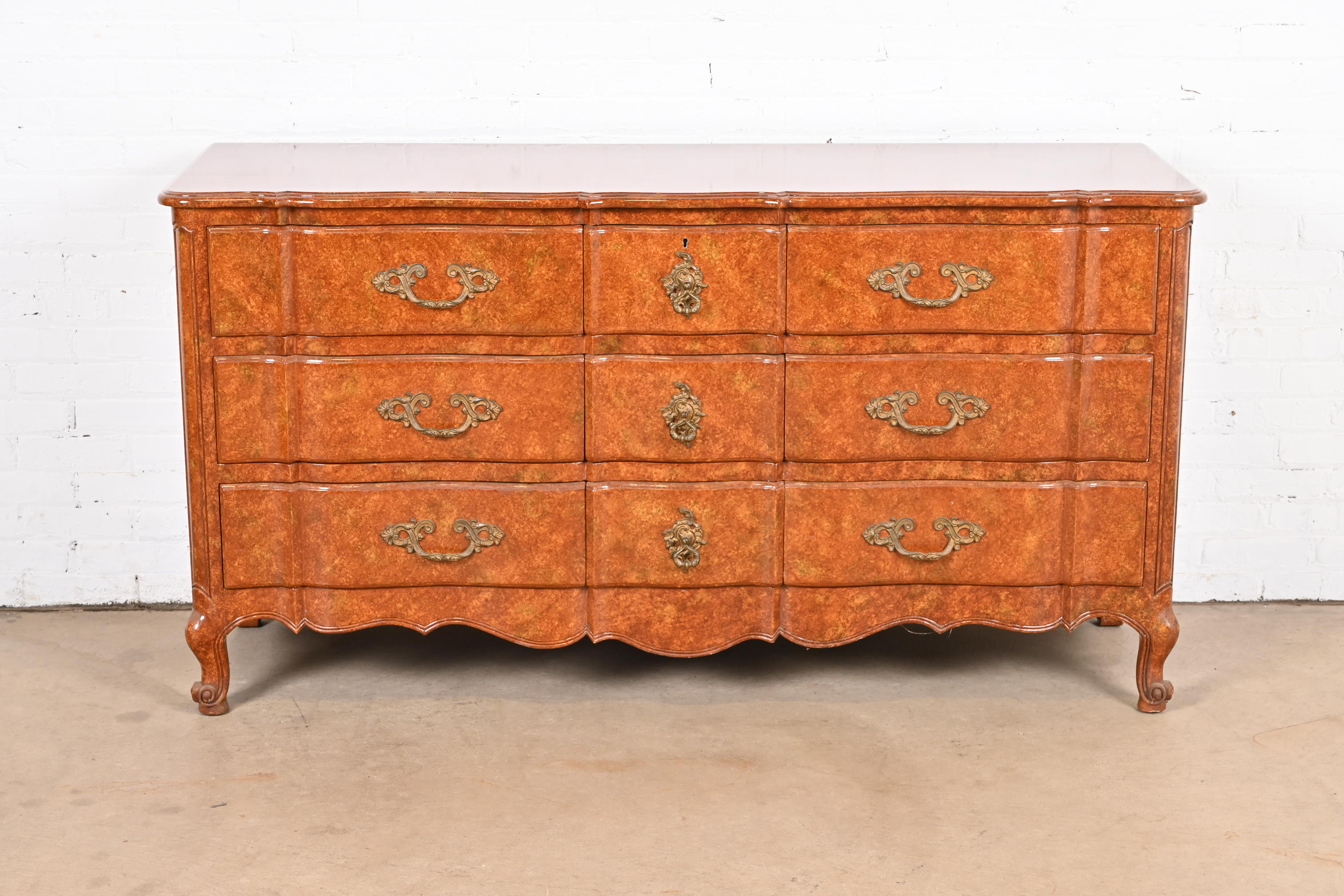 Don Ruseau French Provincial Louis XV Faux Burl Wood Painted Triple Dresser - Image 2