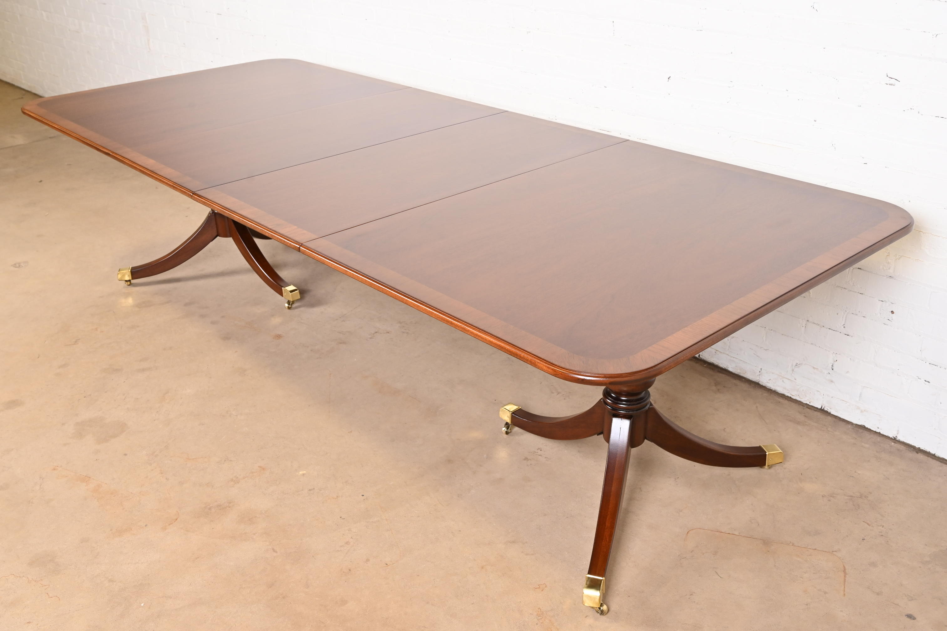 Drexel Heritage Georgian Banded Mahogany Double Pedestal Extension Dining Table, Newly Refinished
