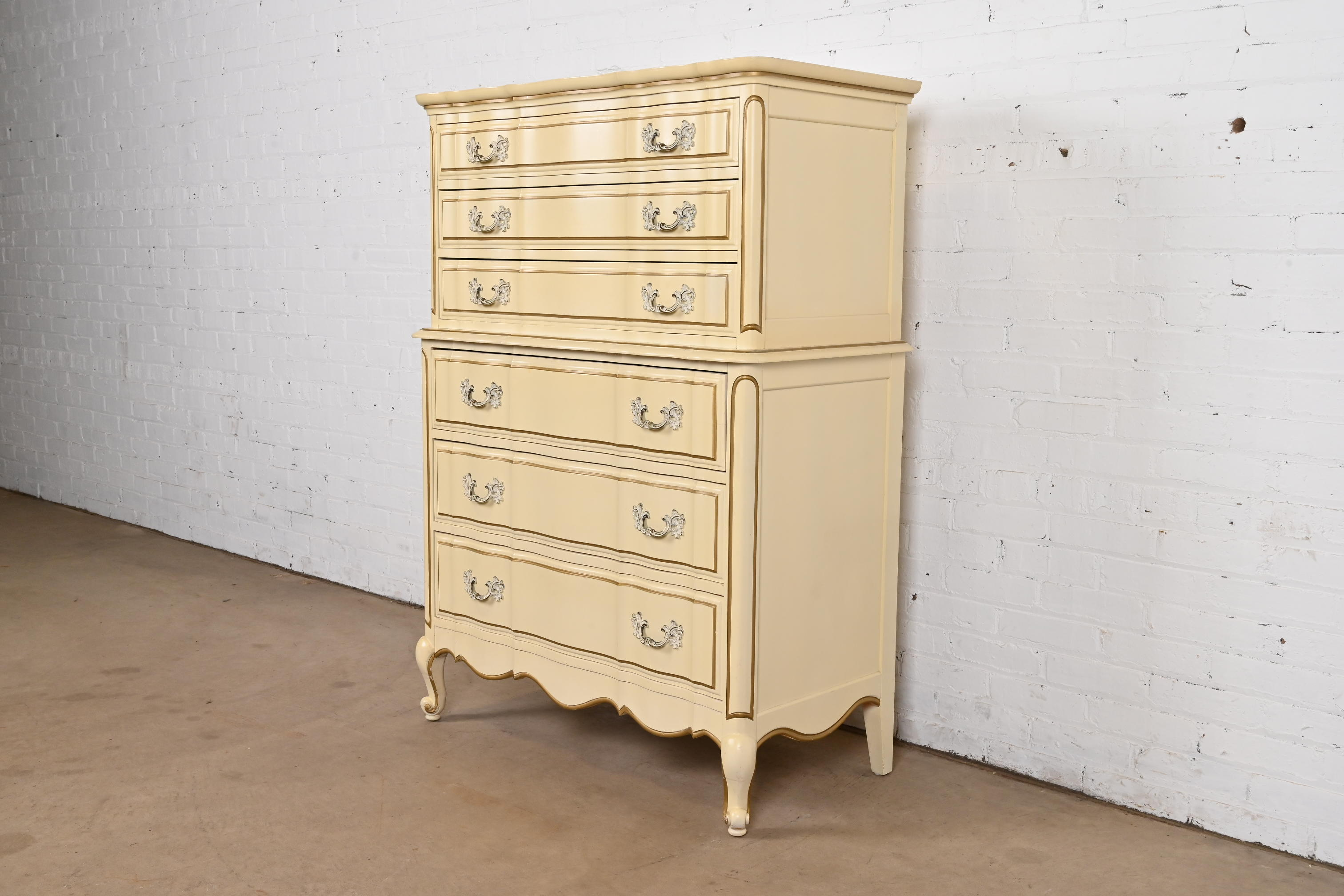 French Provincial Louis XV Cream Lacquered and Gold Gilt Highboy Dresser in the Manner of John Widdicomb, 1950s
