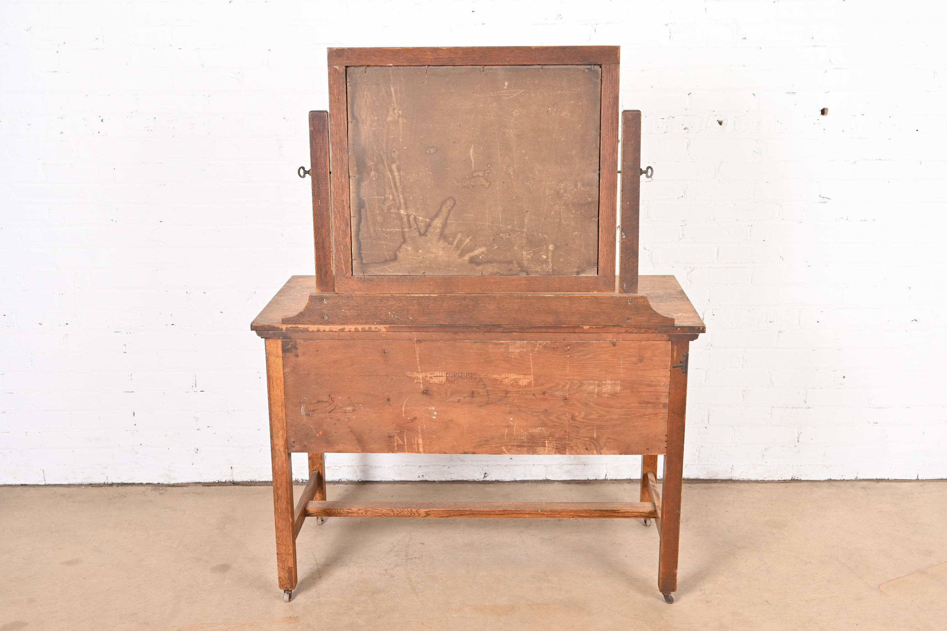 Gustav Stickley Style Mission Oak Arts & Crafts Dressing Table With Mirror and Chair, Circa 1900 - Image 8