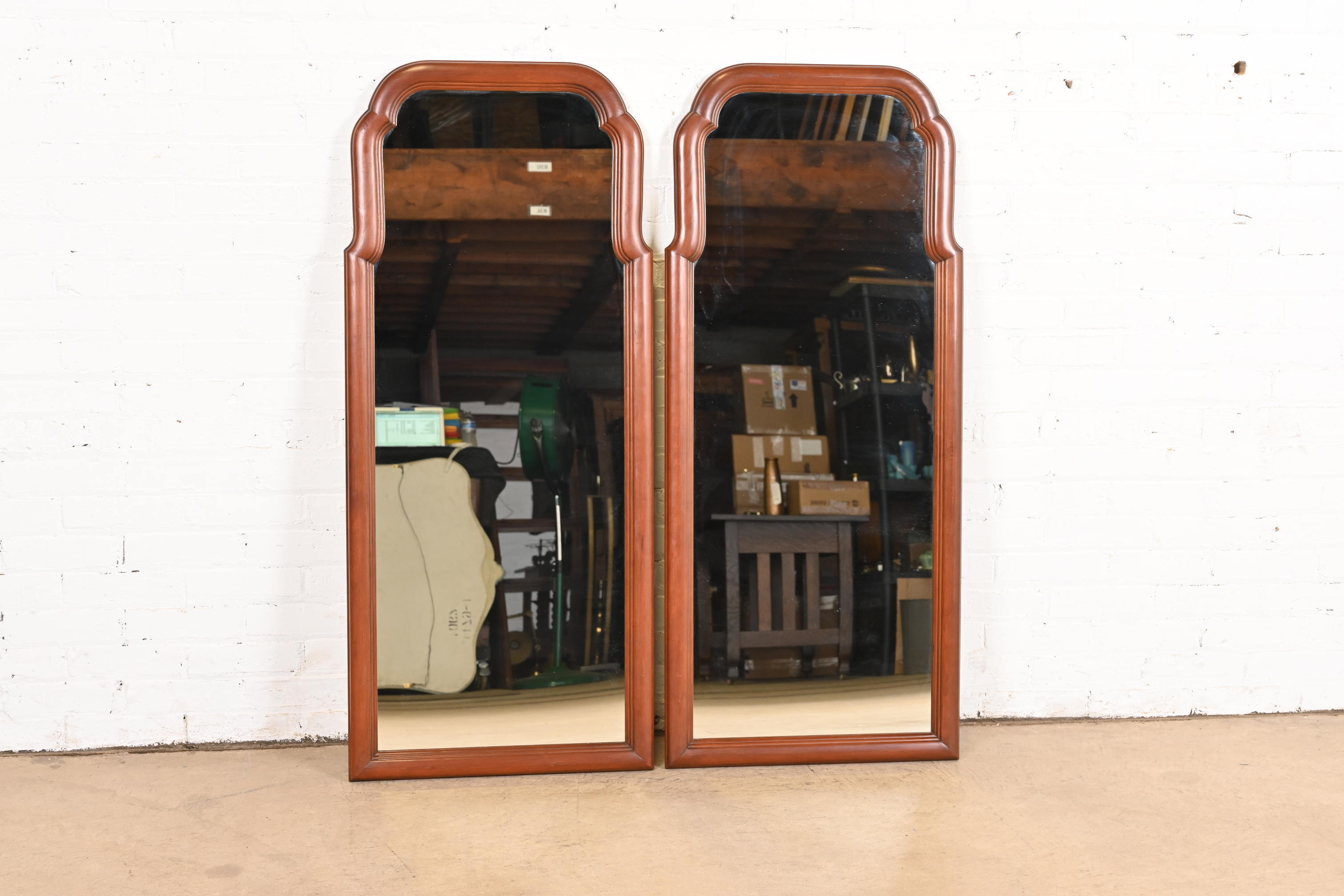 Henkel Harris Carved Solid Cherry Wood Framed Tall Wall Mirrors, Pair