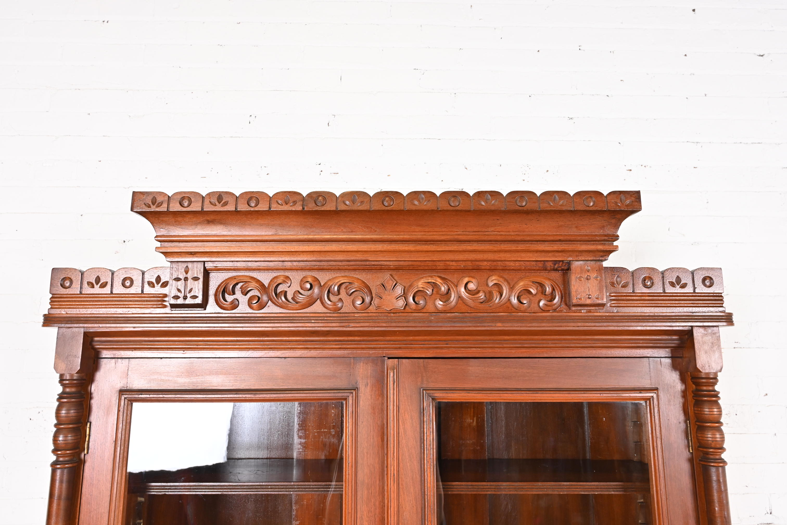 Herter Brothers Style Antique Eastlake Victorian Carved Walnut Bookcase, Circa 1880s - Image 4
