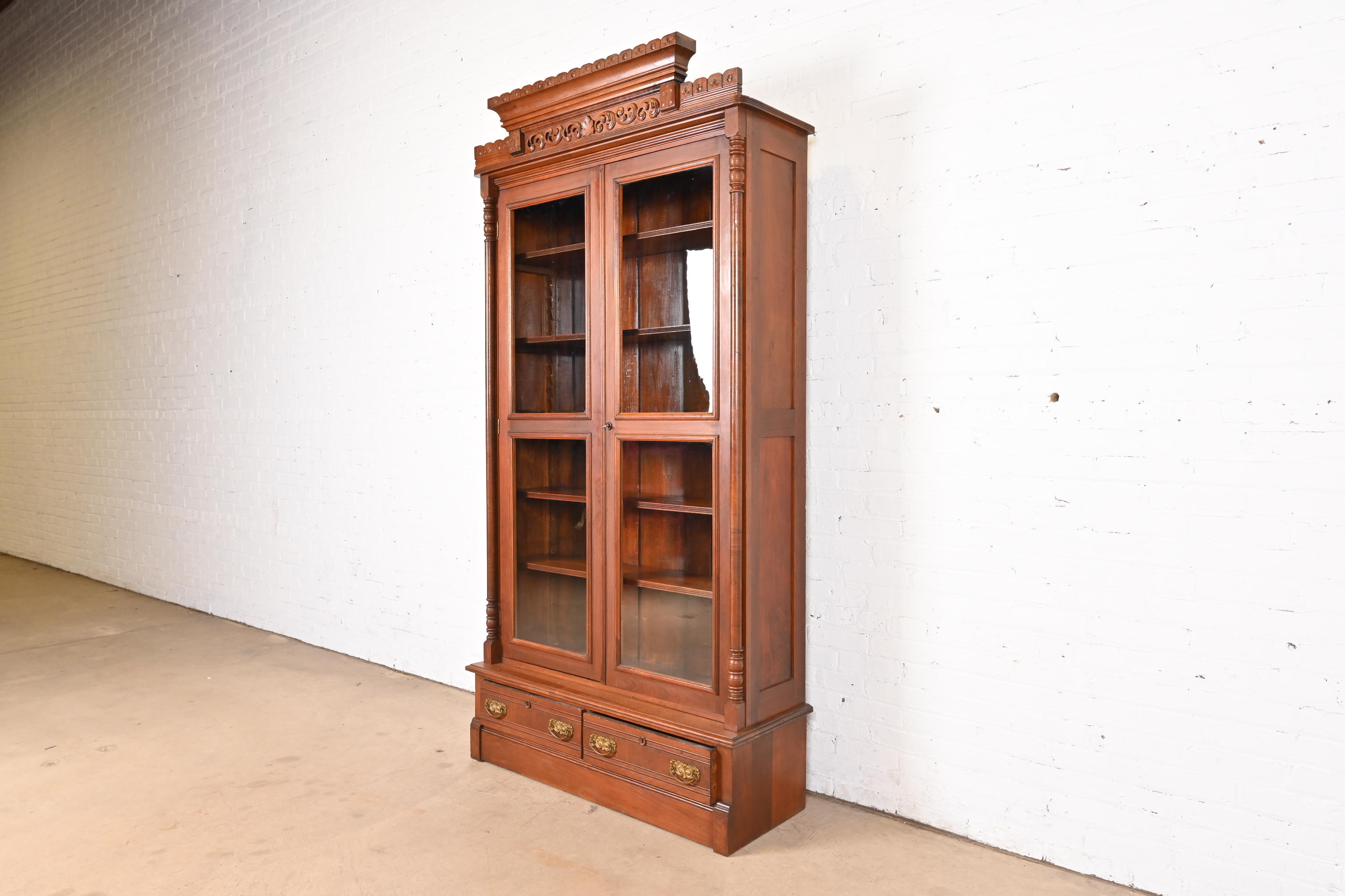 Herter Brothers Style Antique Eastlake Victorian Carved Walnut Bookcase, Circa 1880s - Image 2
