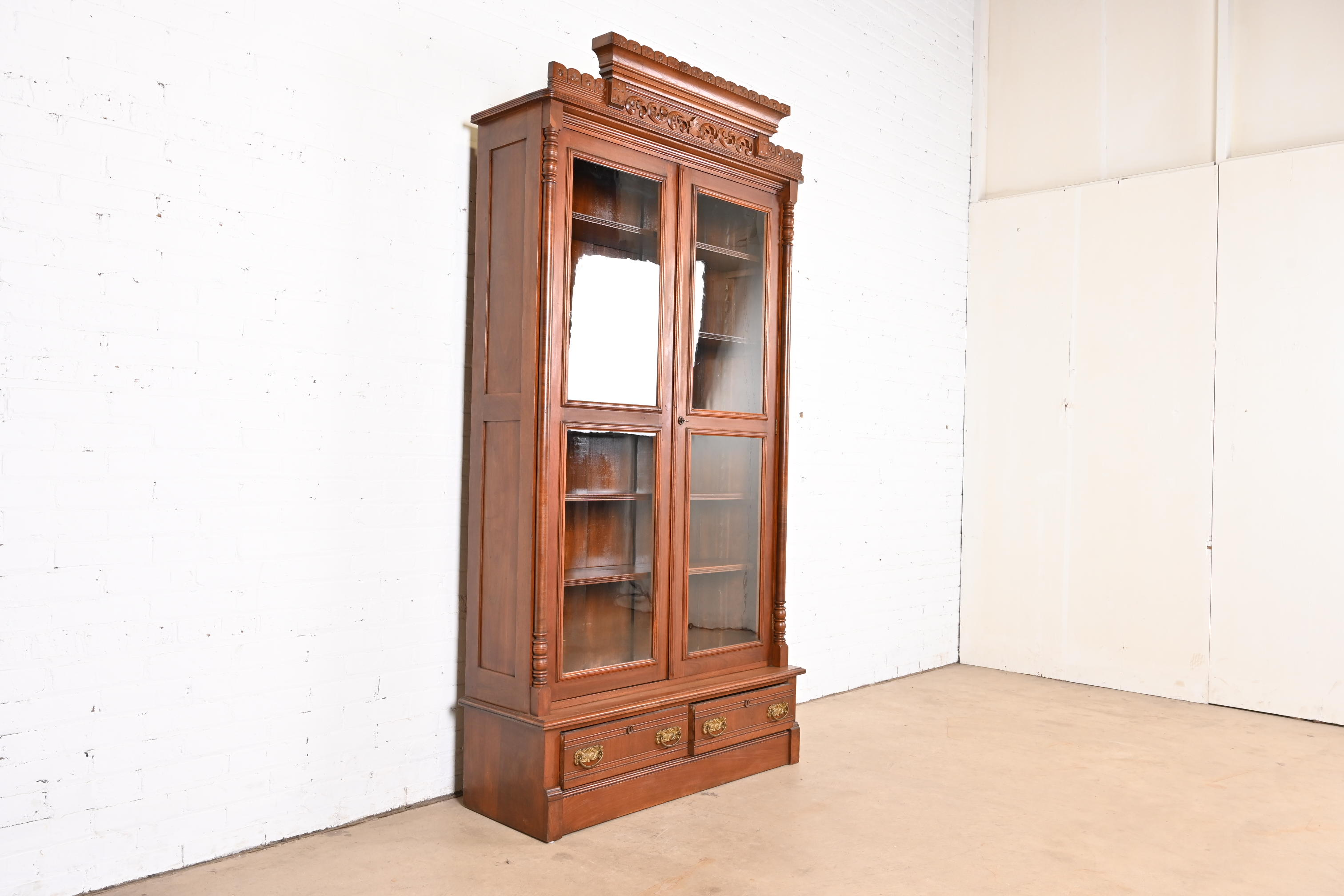 Herter Brothers Style Antique Eastlake Victorian Carved Walnut Bookcase, Circa 1880s - Image 3