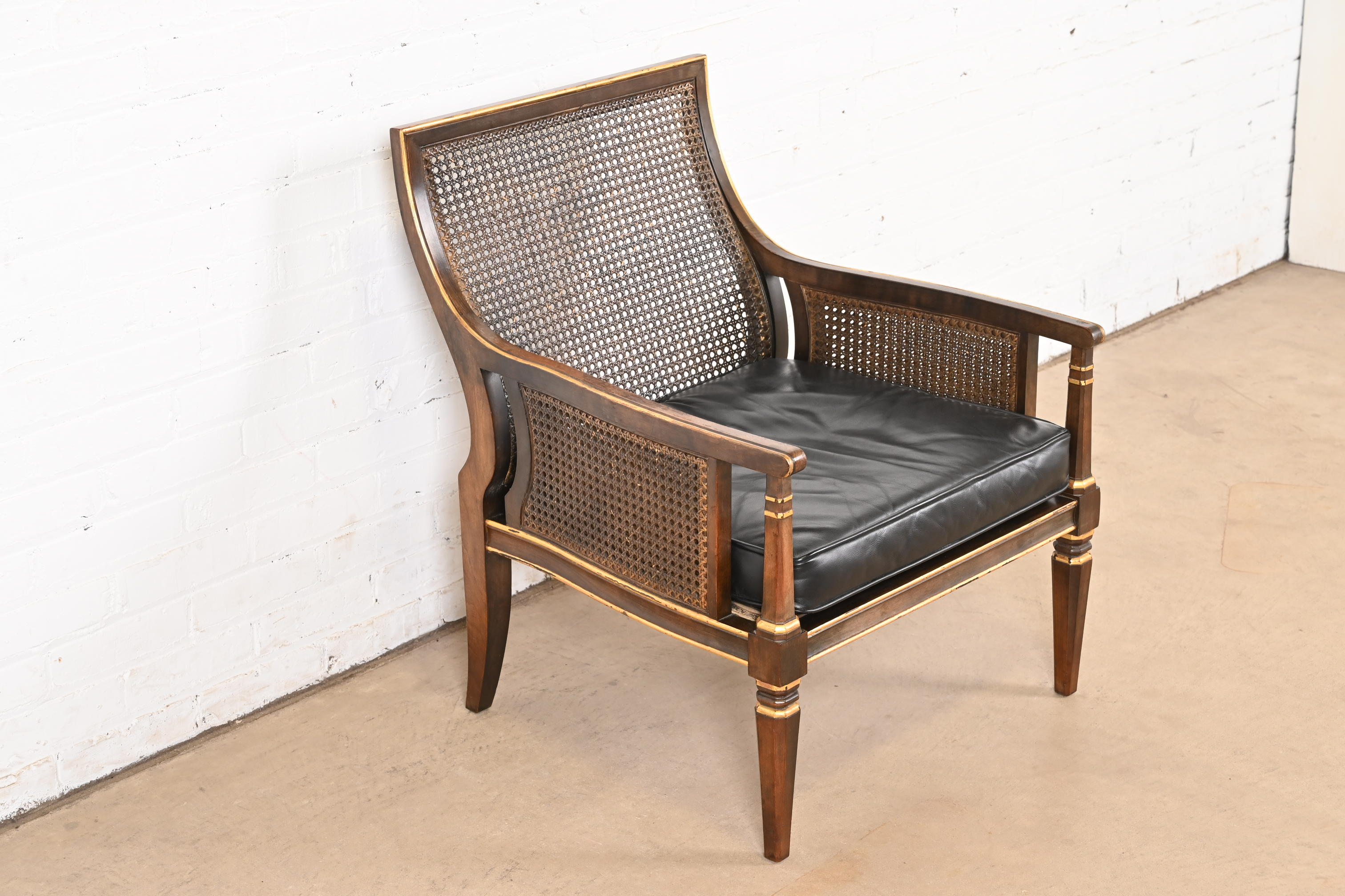 John Widdicomb Mid-Century Hollywood Regency Maple and Cane Parcel Gilt Armchair or Club Chair, Circa 1950s