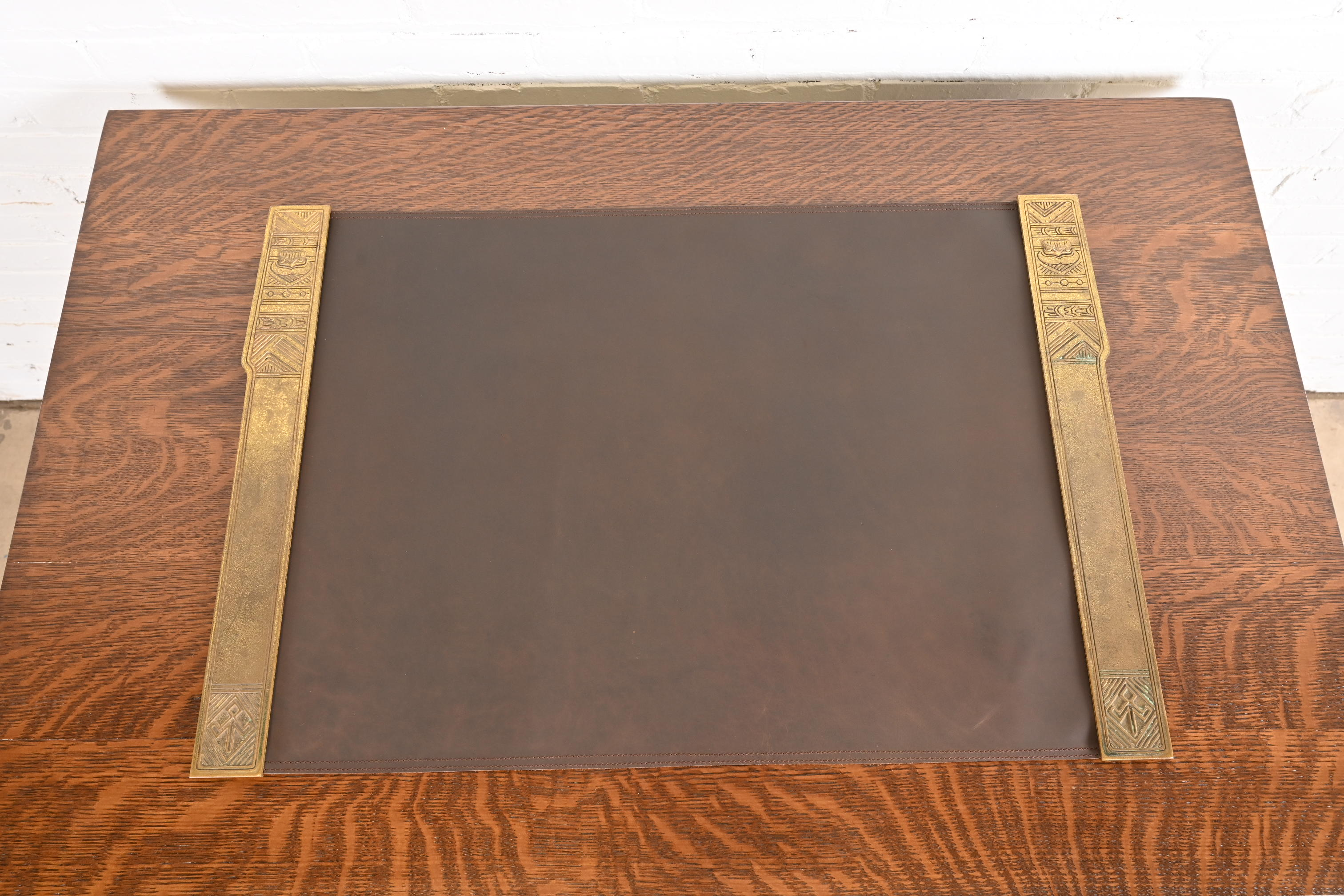 Tiffany Studios New York American Indian Bronze Doré Blotter Ends With Leather Desk Blotter