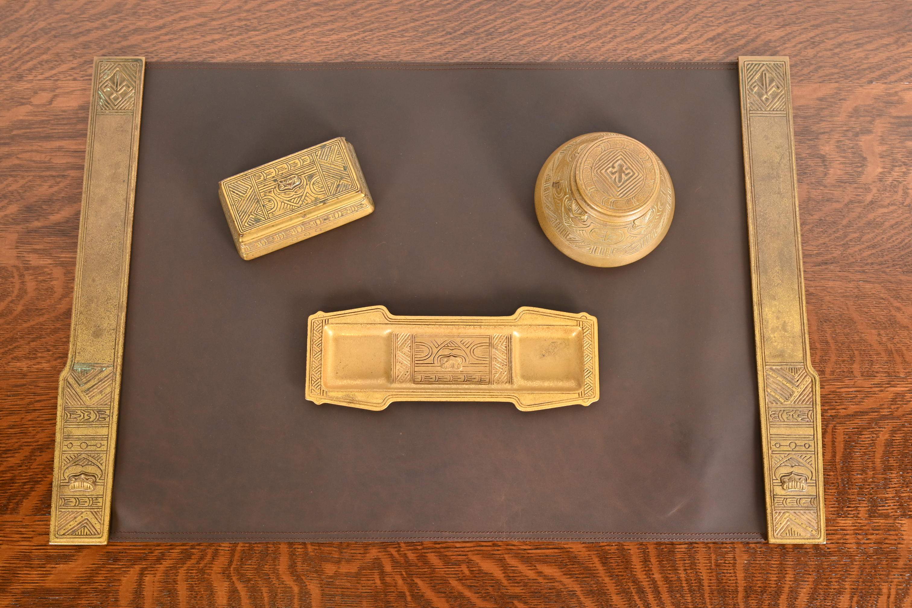 Tiffany Studios New York American Indian Bronze Doré Blotter Ends With Leather Desk Blotter - Image 10