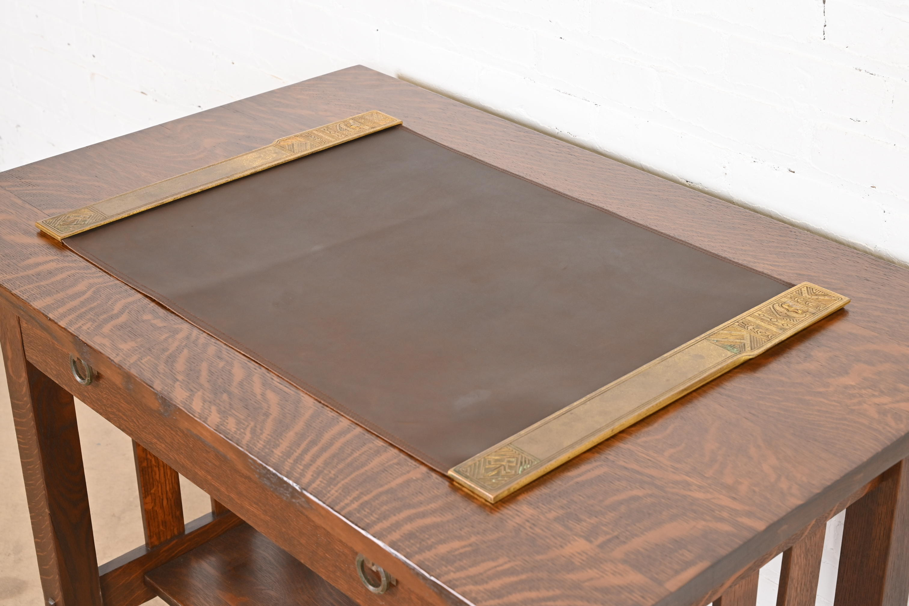 Tiffany Studios New York American Indian Bronze Doré Blotter Ends With Leather Desk Blotter - Image 3