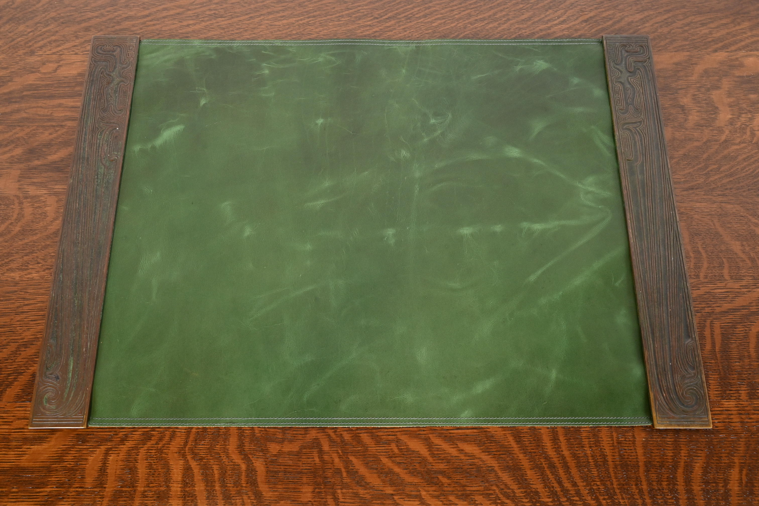 Tiffany Studios New York Chinese Pattern Bronze Blotter Ends With Leather Desk Blotter