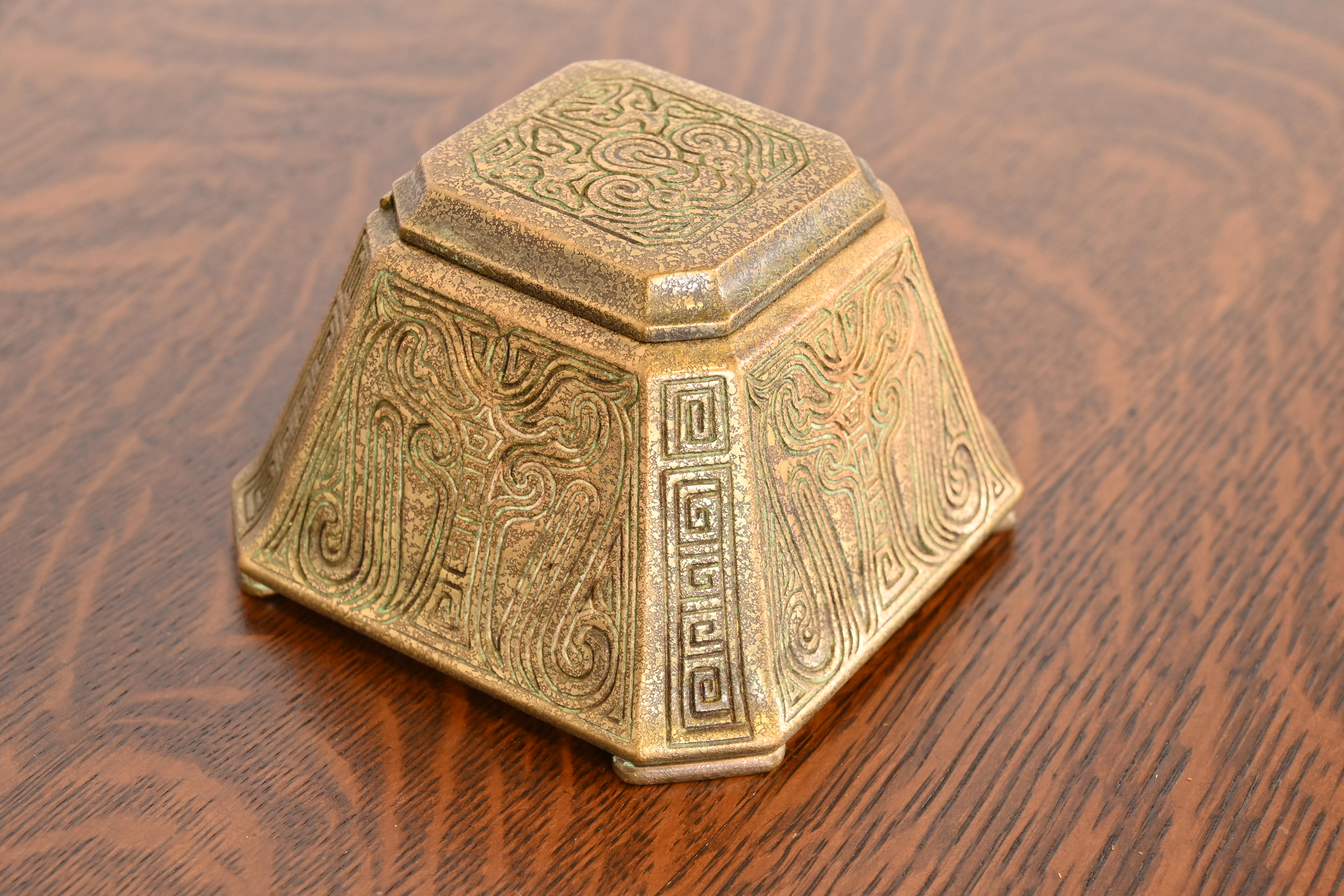 Tiffany Studios New York Chinese Pattern Large Bronze Inkwell, Circa 1910