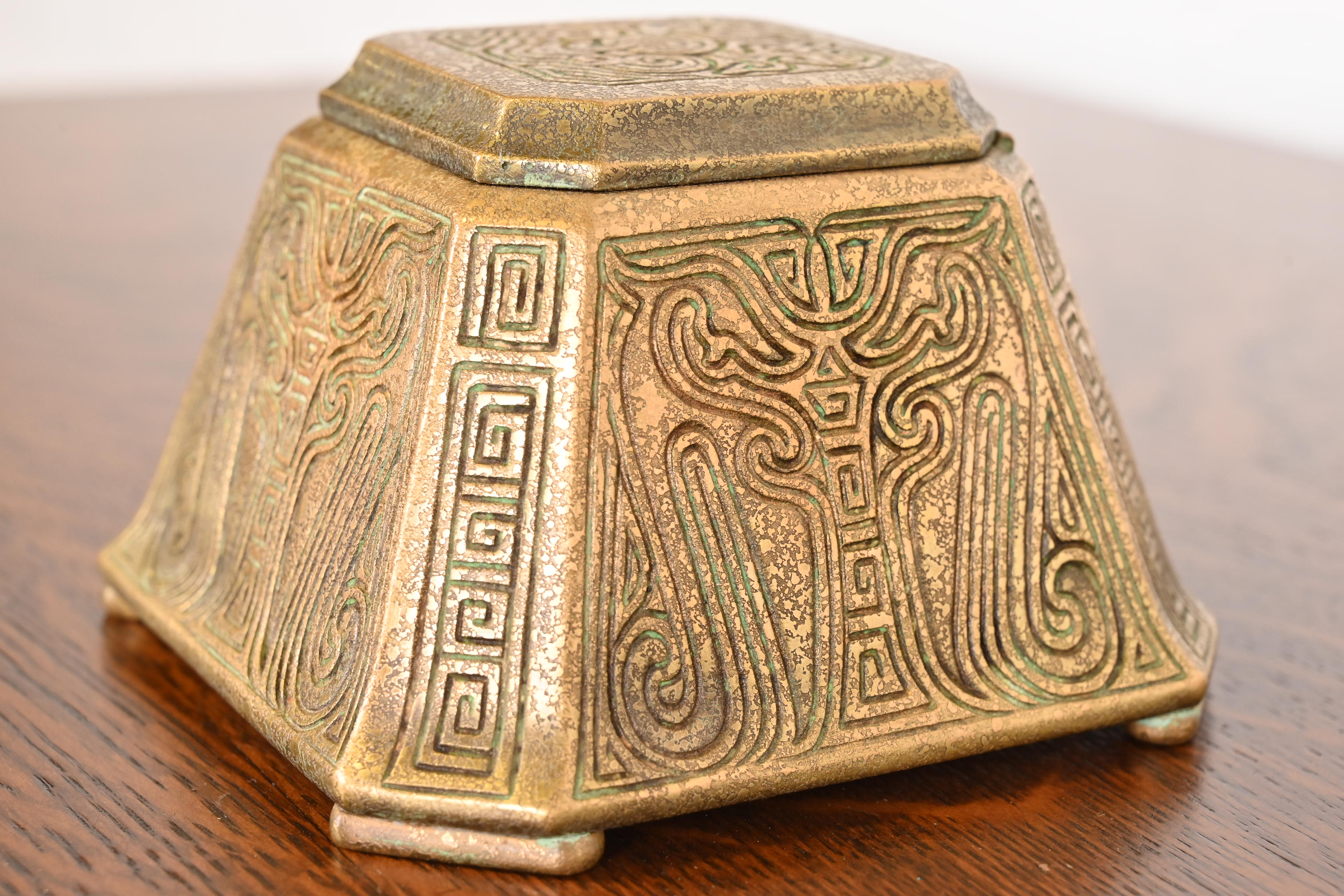 Tiffany Studios New York Chinese Pattern Large Bronze Inkwell, Circa 1910 - Image 5
