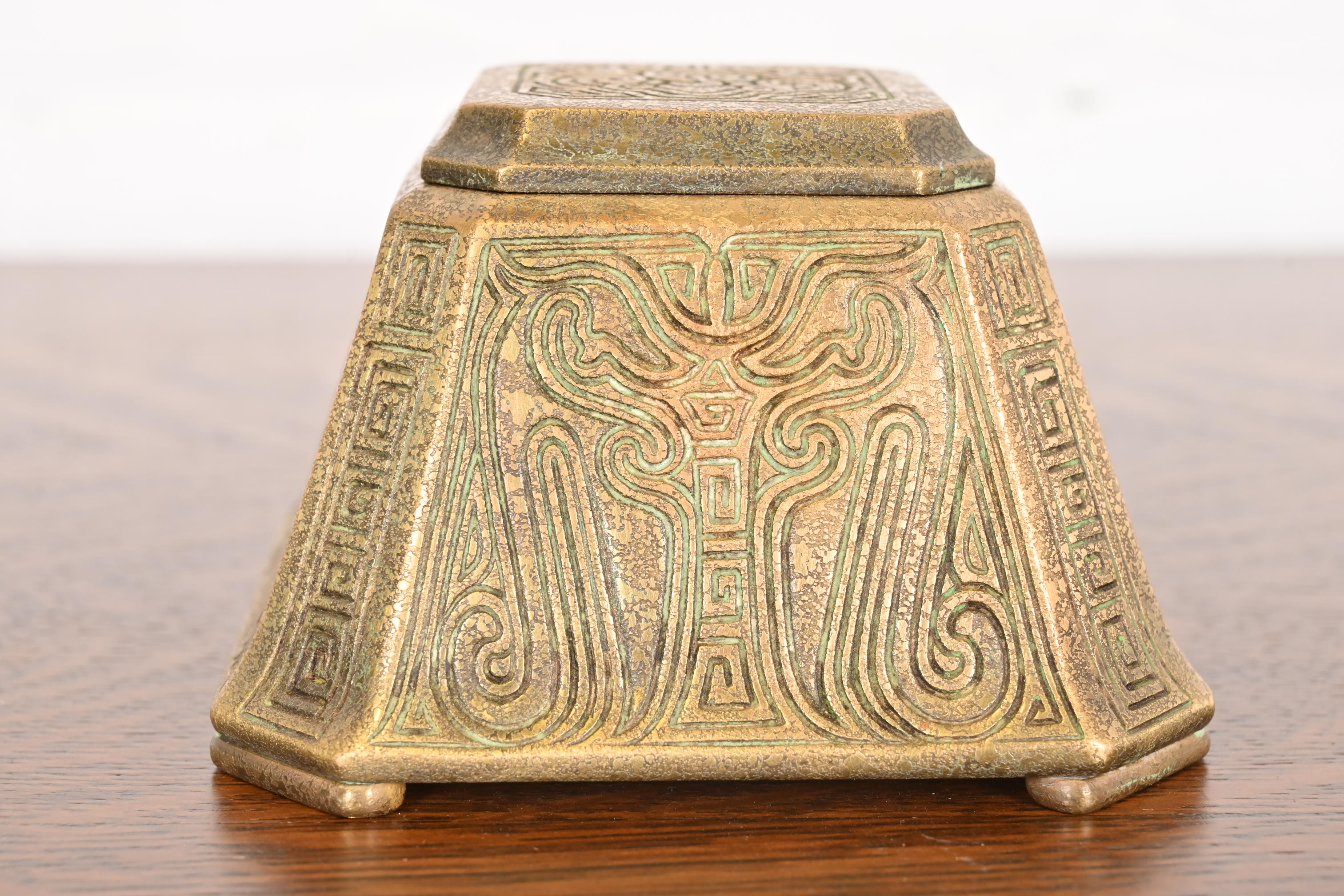 Tiffany Studios New York Chinese Pattern Large Bronze Inkwell, Circa 1910 - Image 3